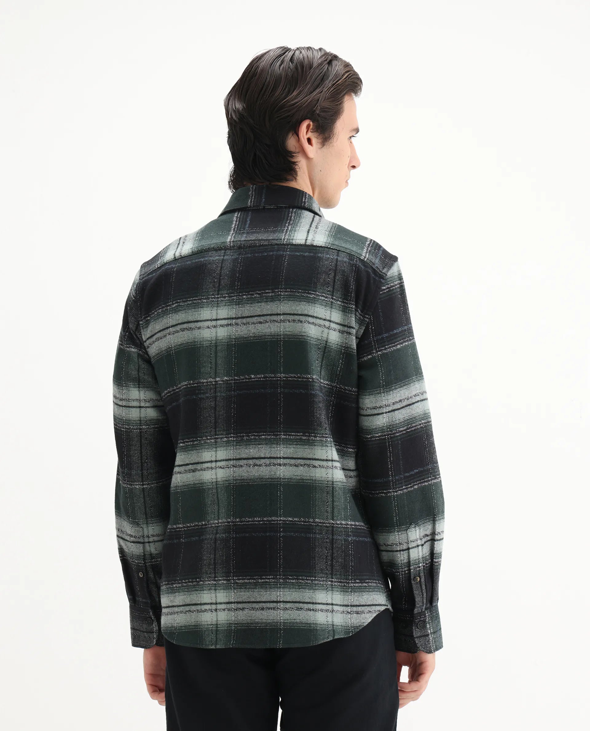 Rare Rabbit Men's Piter Green Cotton Blend Checked Print Regular Fit Full Sleeve Collared Shirt