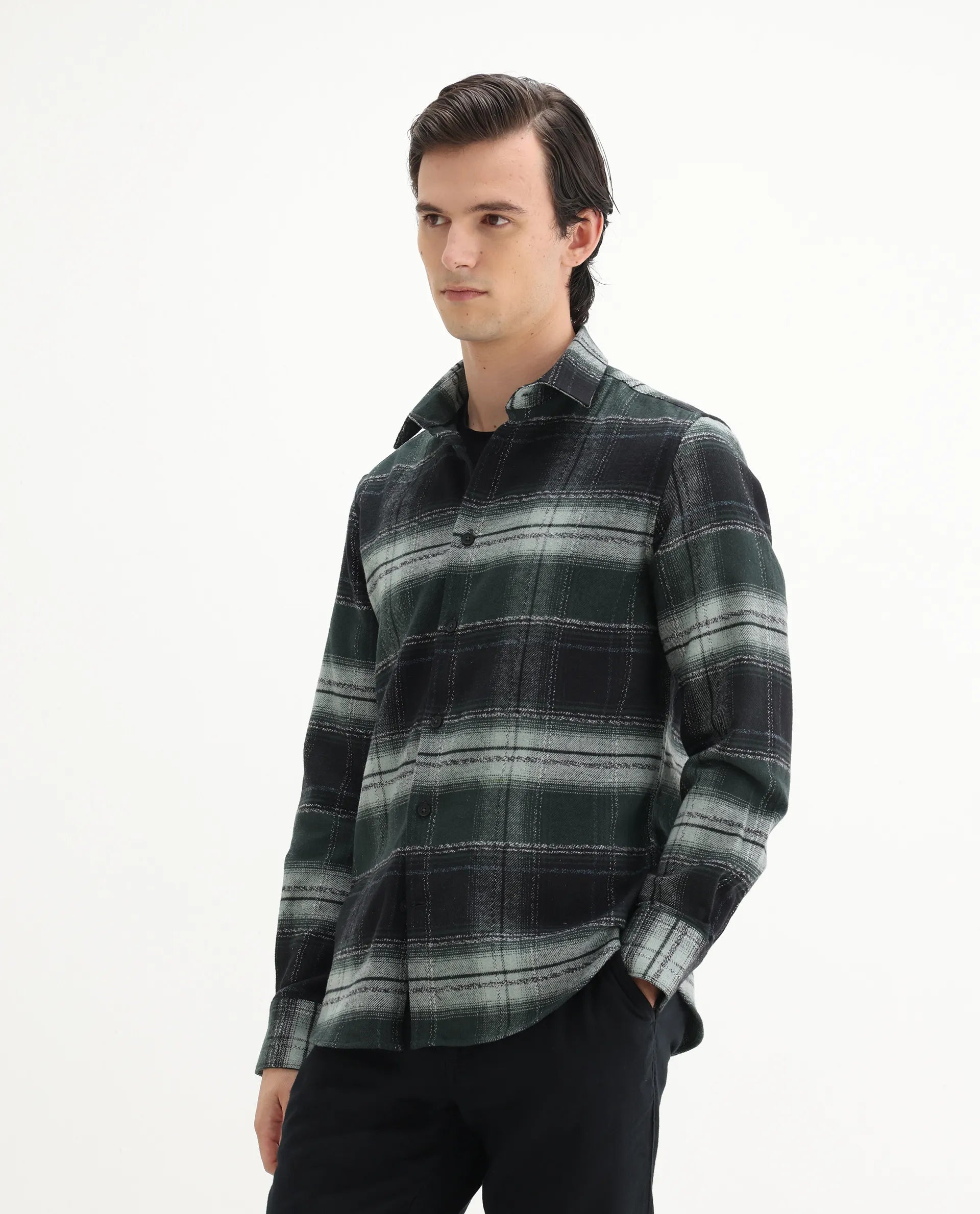 Rare Rabbit Men's Piter Green Cotton Blend Checked Print Regular Fit Full Sleeve Collared Shirt