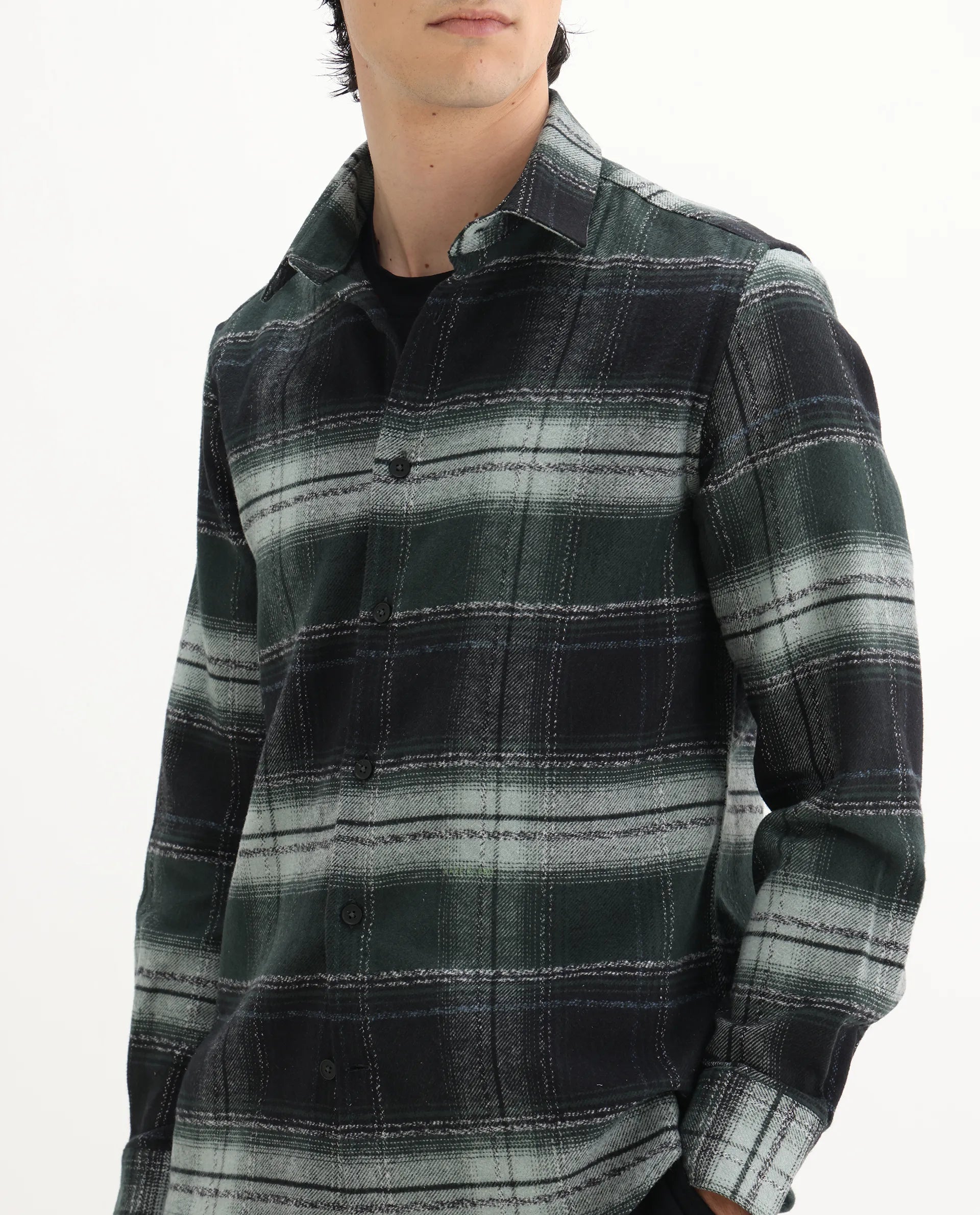 Rare Rabbit Men's Piter Green Cotton Blend Checked Print Regular Fit Full Sleeve Collared Shirt