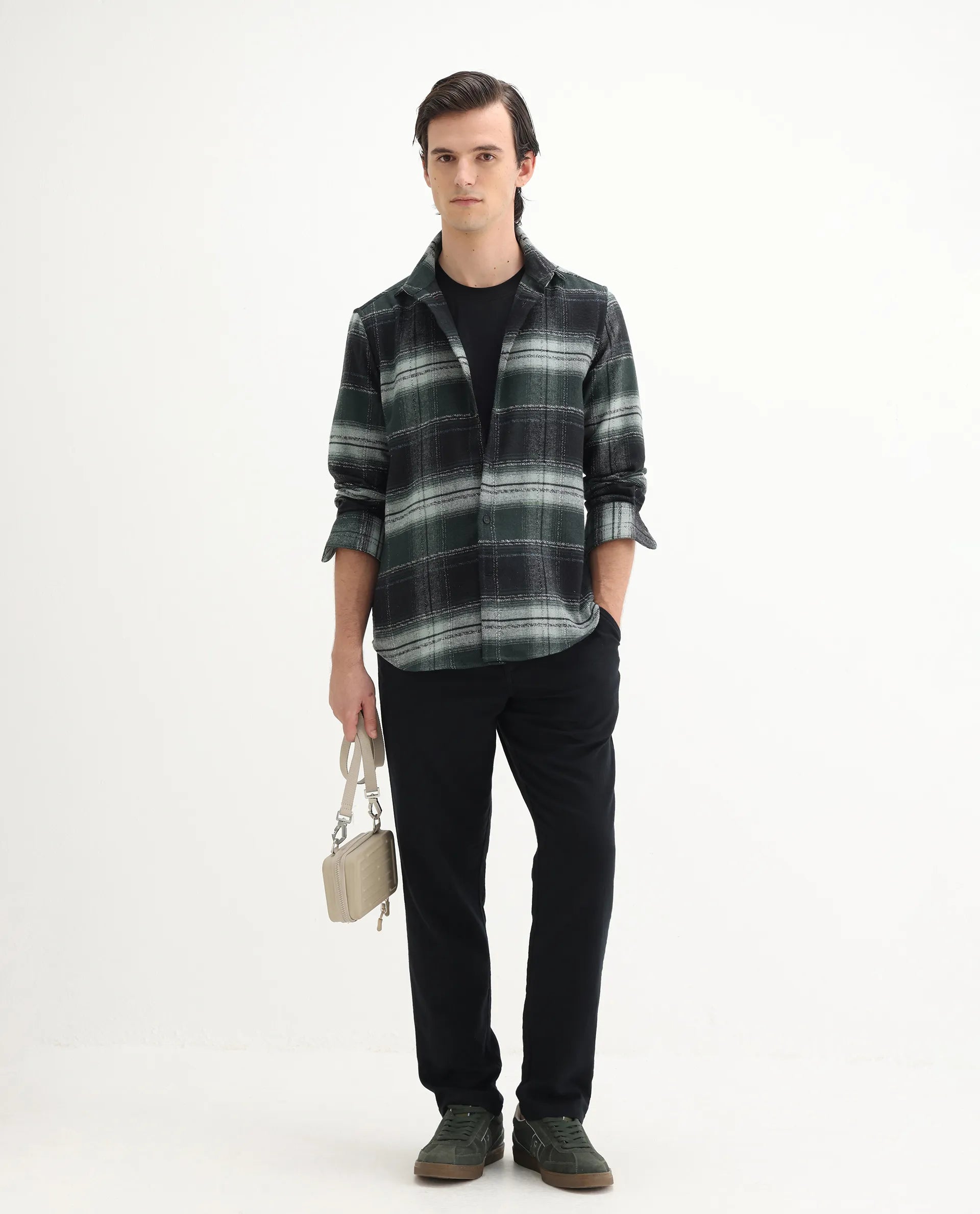 Rare Rabbit Men's Piter Green Cotton Blend Checked Print Regular Fit Full Sleeve Collared Shirt