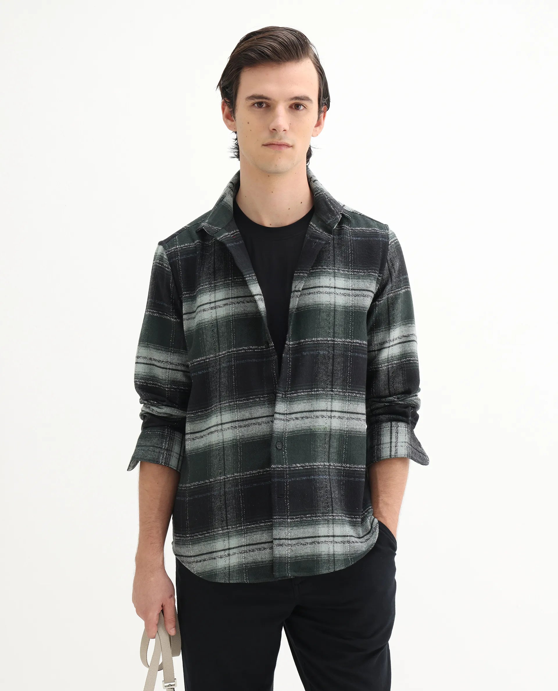 Rare Rabbit Men's Piter Green Cotton Blend Checked Print Regular Fit Full Sleeve Collared Shirt
