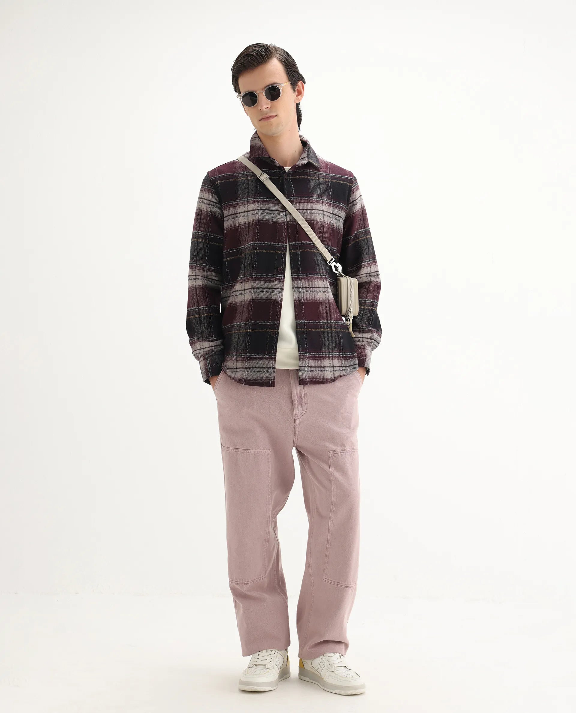 Rare Rabbit Men's Piter Maroon Cotton Blend Checked Print Regular Fit Full Sleeve Collared Shirt