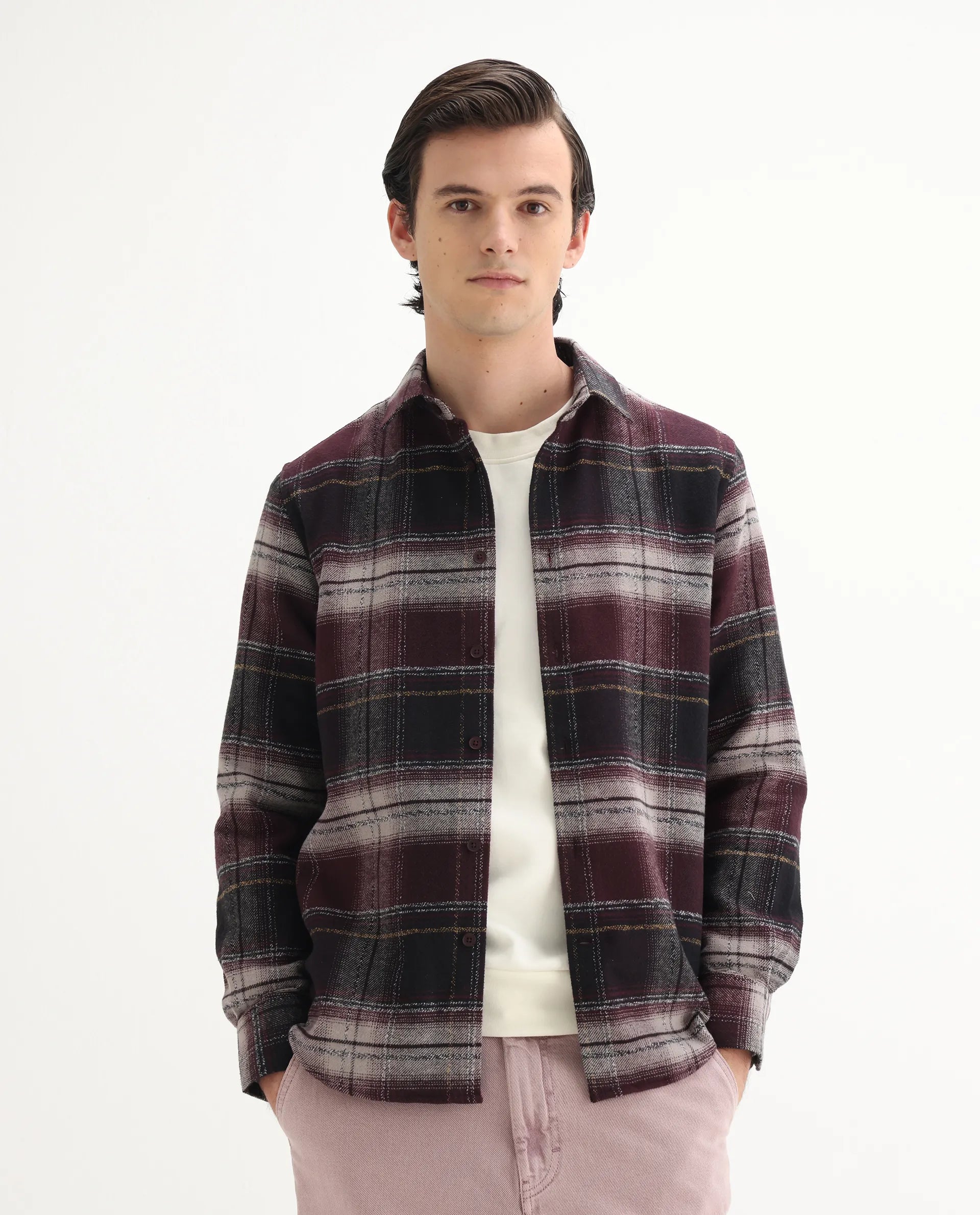 Rare Rabbit Men's Piter Maroon Cotton Blend Checked Print Regular Fit Full Sleeve Collared Shirt