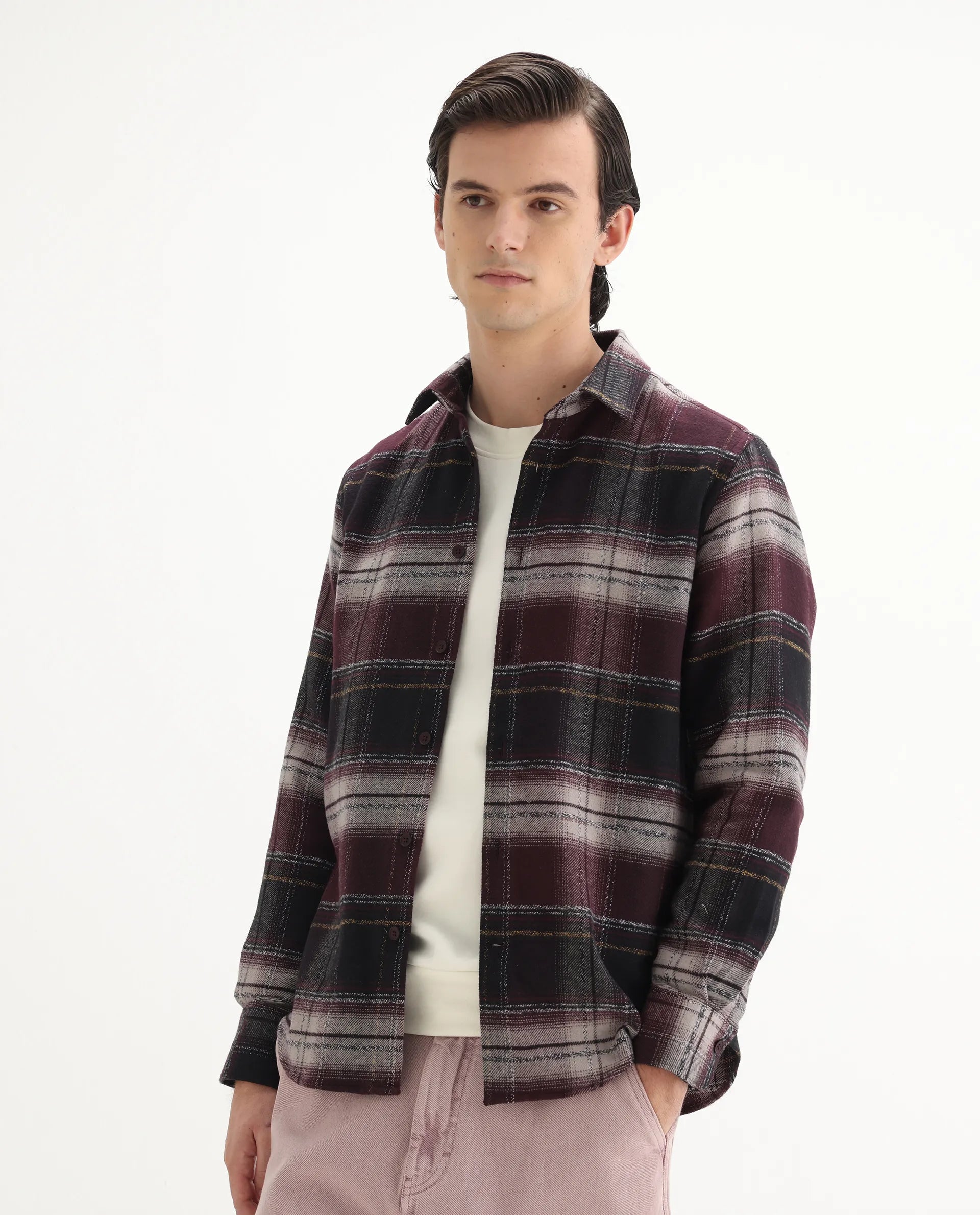 Rare Rabbit Men's Piter Maroon Cotton Blend Checked Print Regular Fit Full Sleeve Collared Shirt