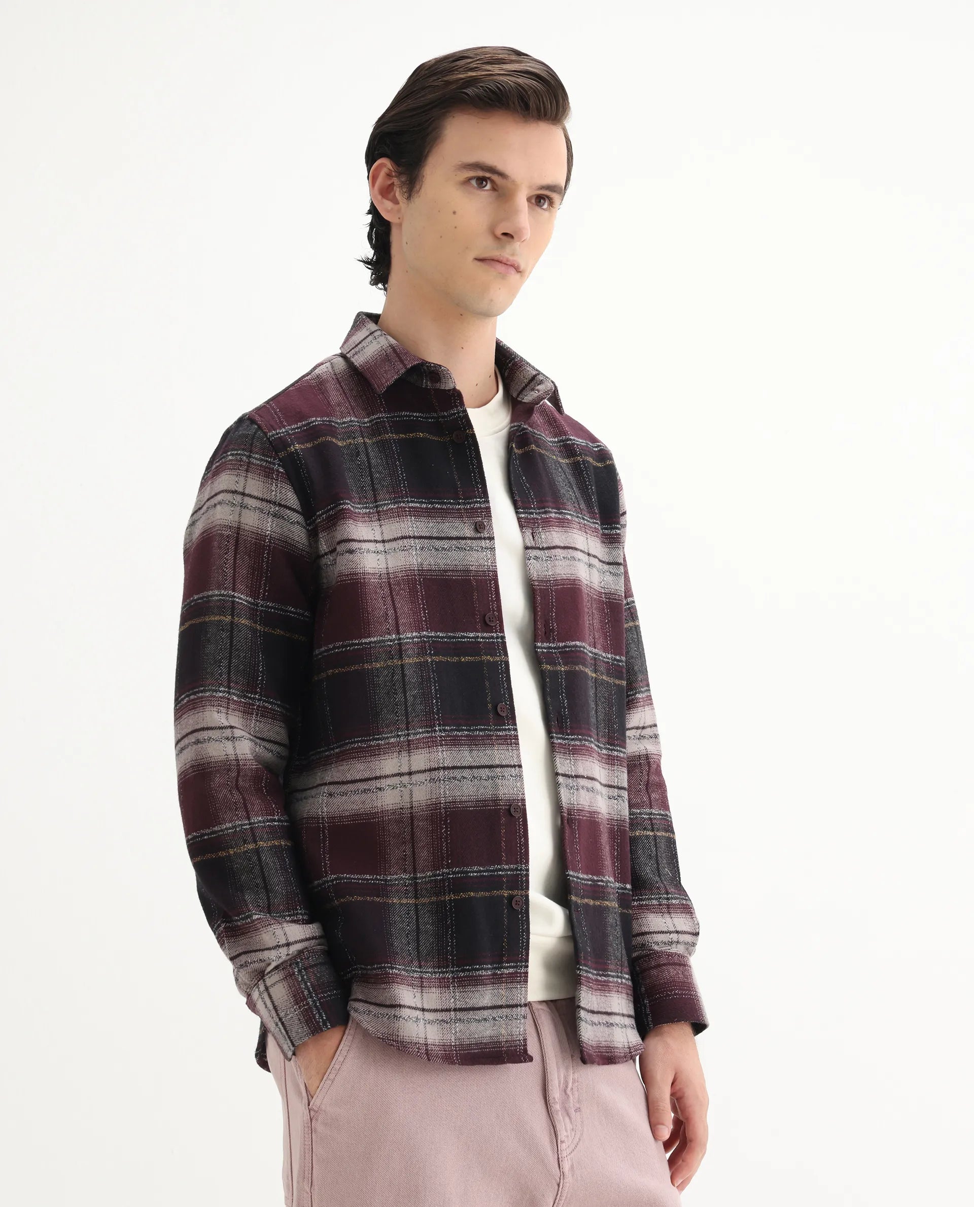 Rare Rabbit Men's Piter Maroon Cotton Blend Checked Print Regular Fit Full Sleeve Collared Shirt