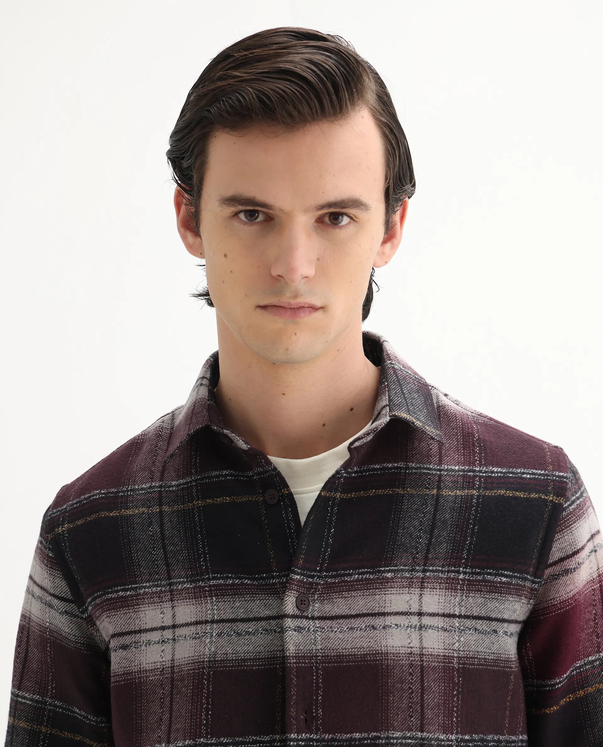 Rare Rabbit Men's Piter Maroon Cotton Blend Checked Print Regular Fit Full Sleeve Collared Shirt