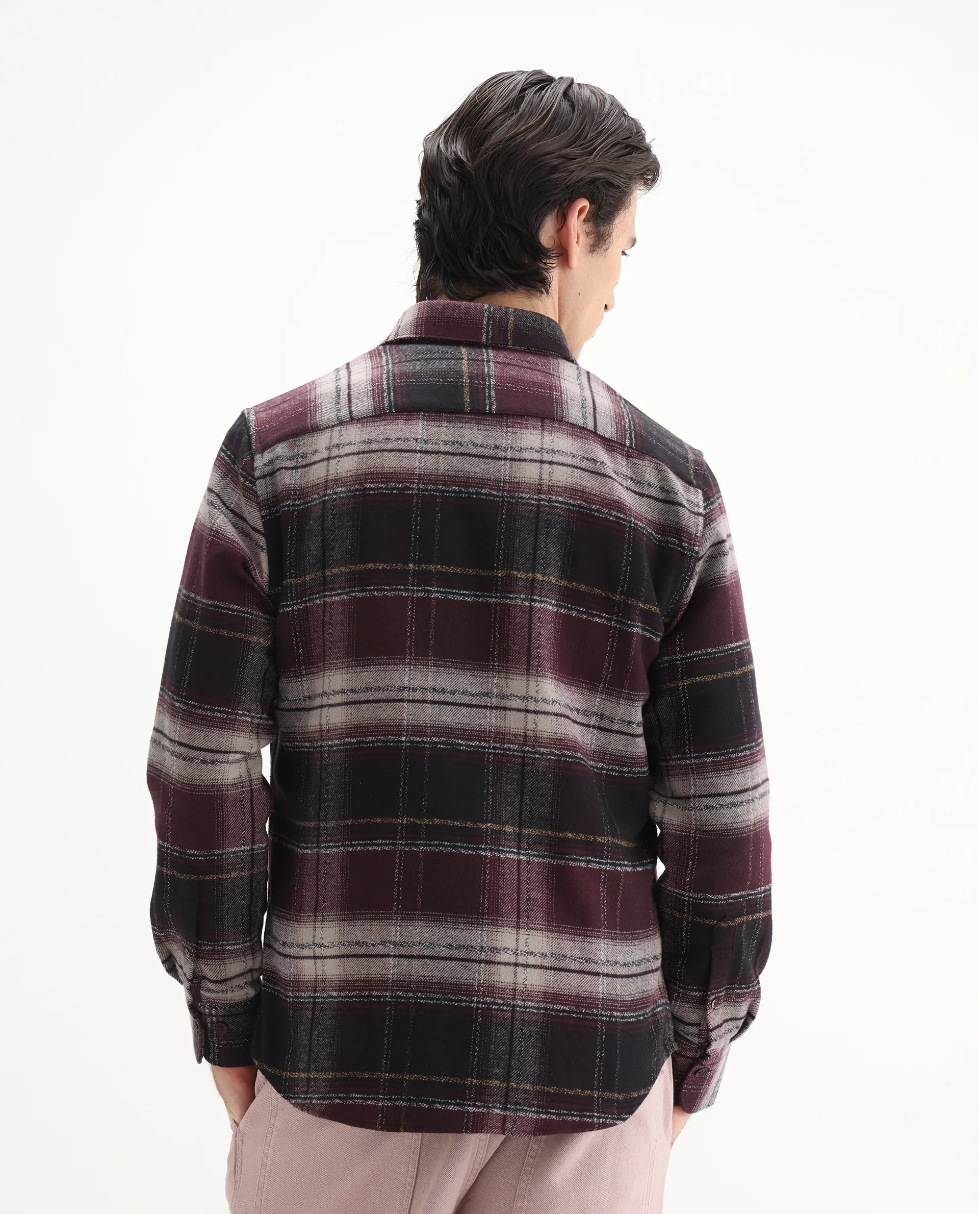 Rare Rabbit Men's Piter Maroon Cotton Blend Checked Print Regular Fit Full Sleeve Collared Shirt