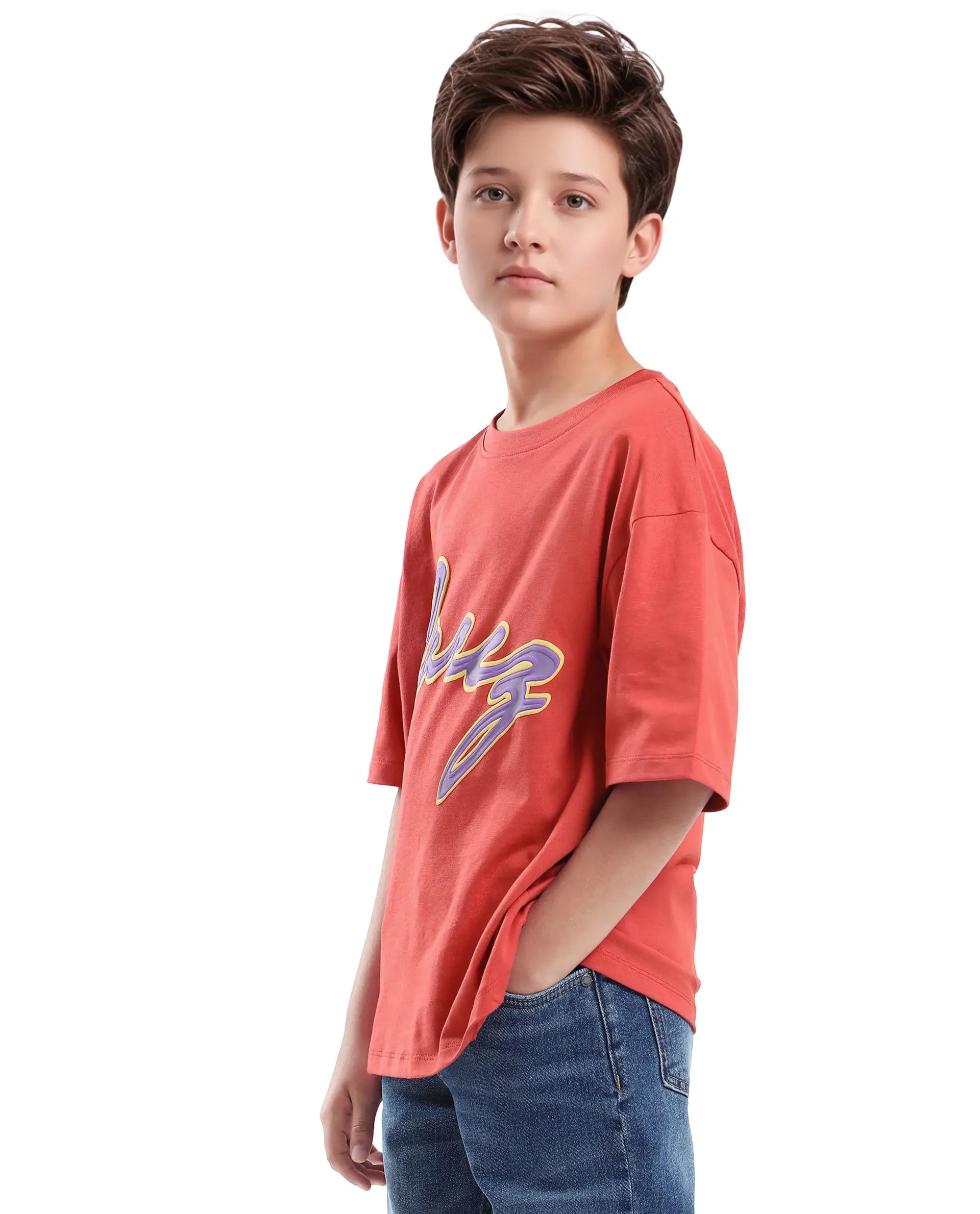 Rare Ones Kids Pixa Dusky Red Cotton Graphic Print Slip-On Oversized Fit T-Shirt