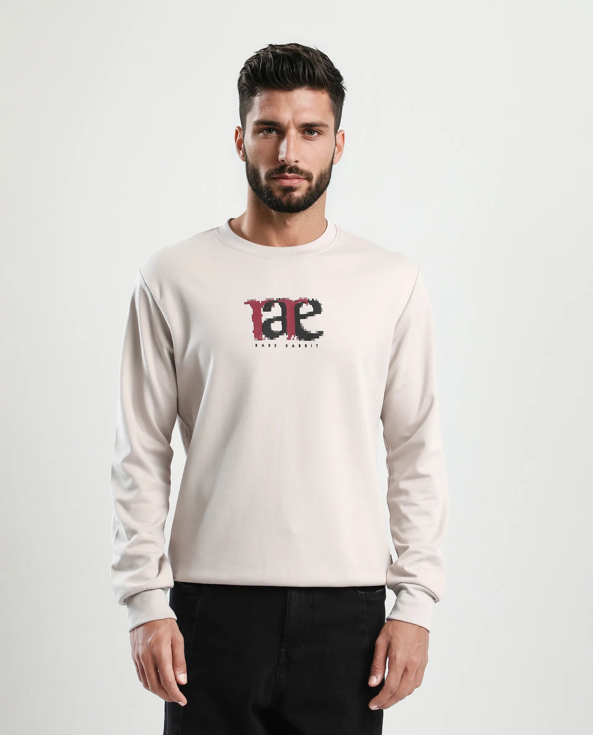 Rare Rabbit Men's Pixen Light Beige Cotton Blend Graphic Print Regular Fit Full Sleeve Crew Neck Sweatshirt