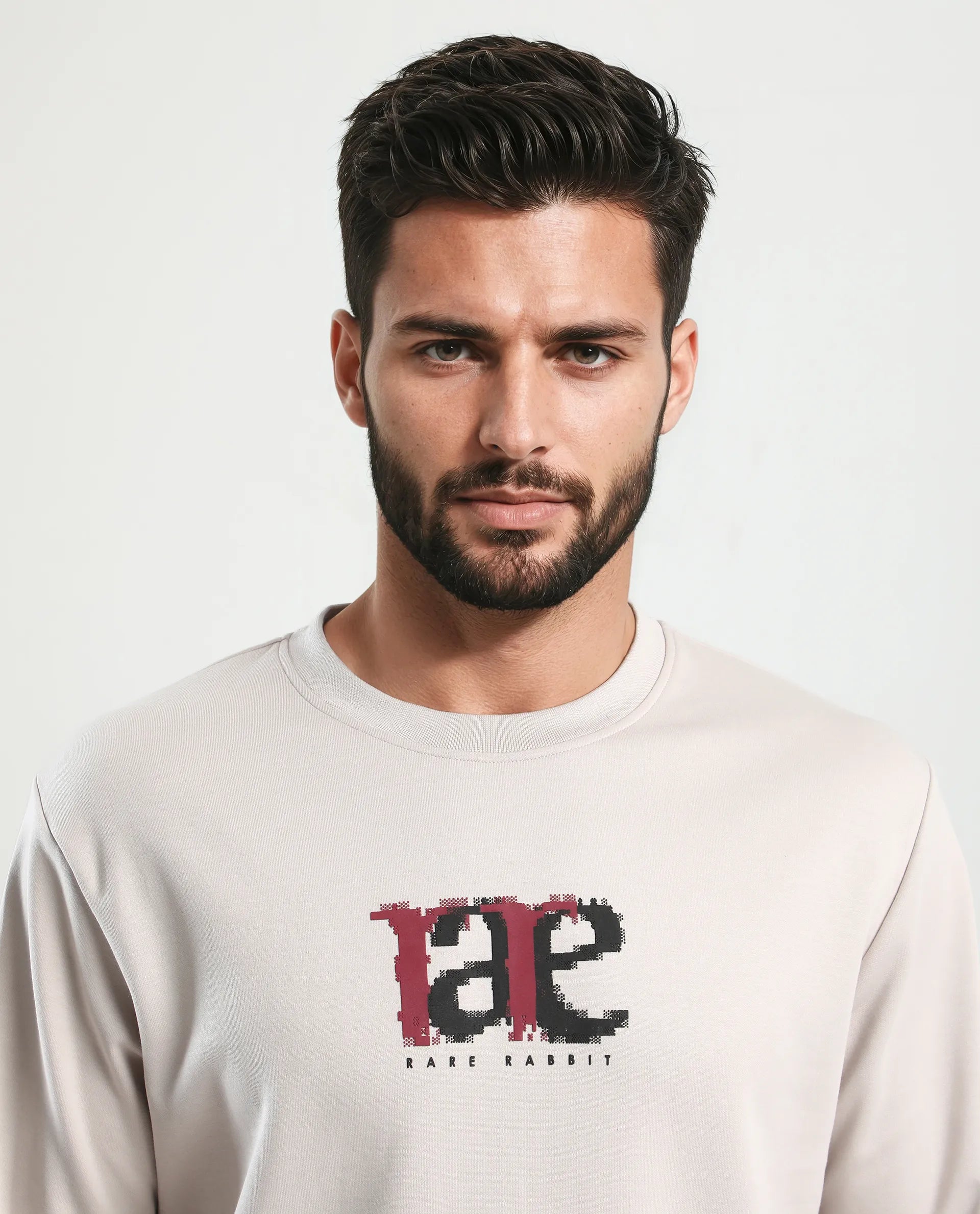 Rare Rabbit Men's Pixen Light Beige Cotton Blend Graphic Print Regular Fit Full Sleeve Crew Neck Sweatshirt