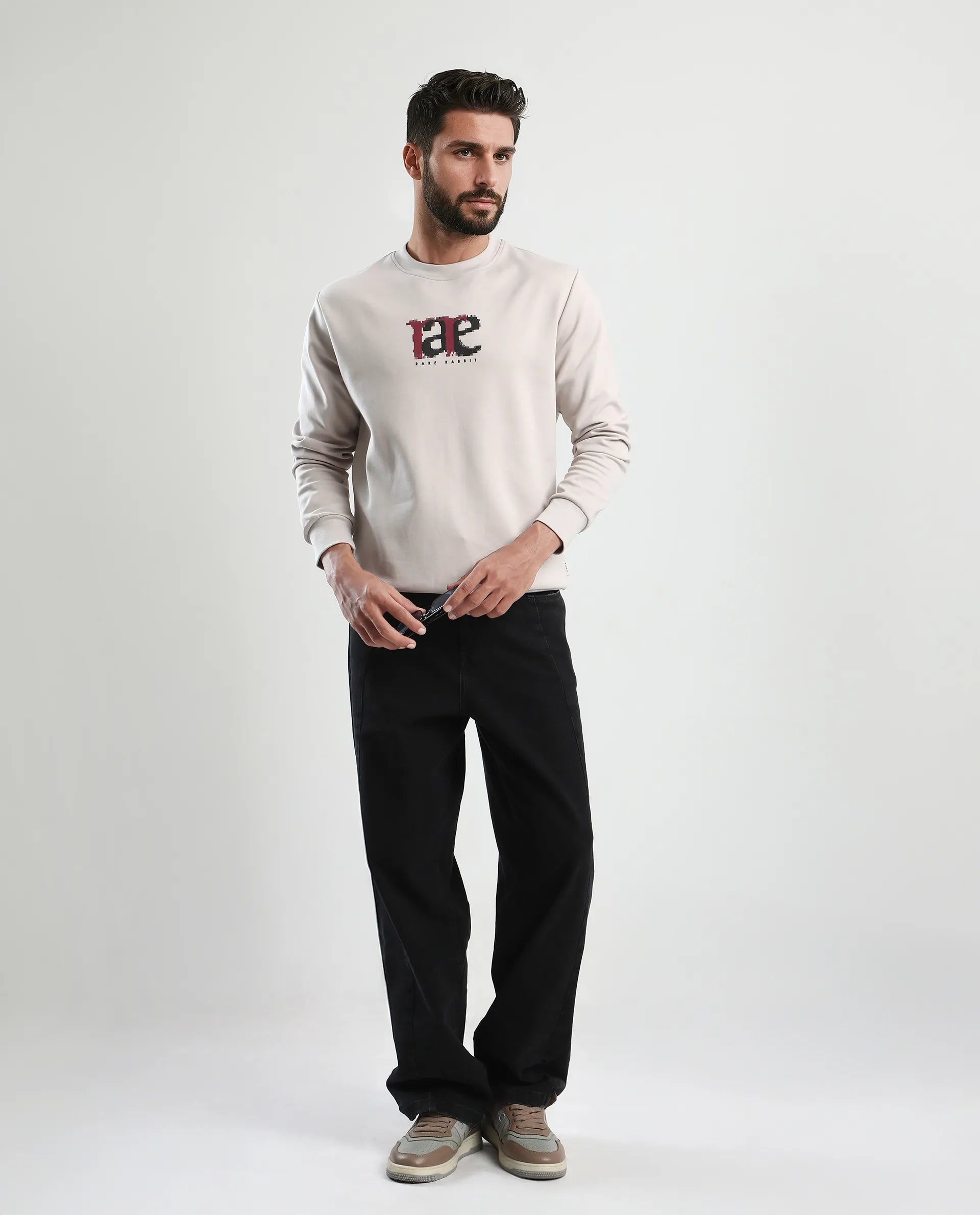 Rare Rabbit Men's Pixen Light Beige Cotton Blend Graphic Print Regular Fit Full Sleeve Crew Neck Sweatshirt