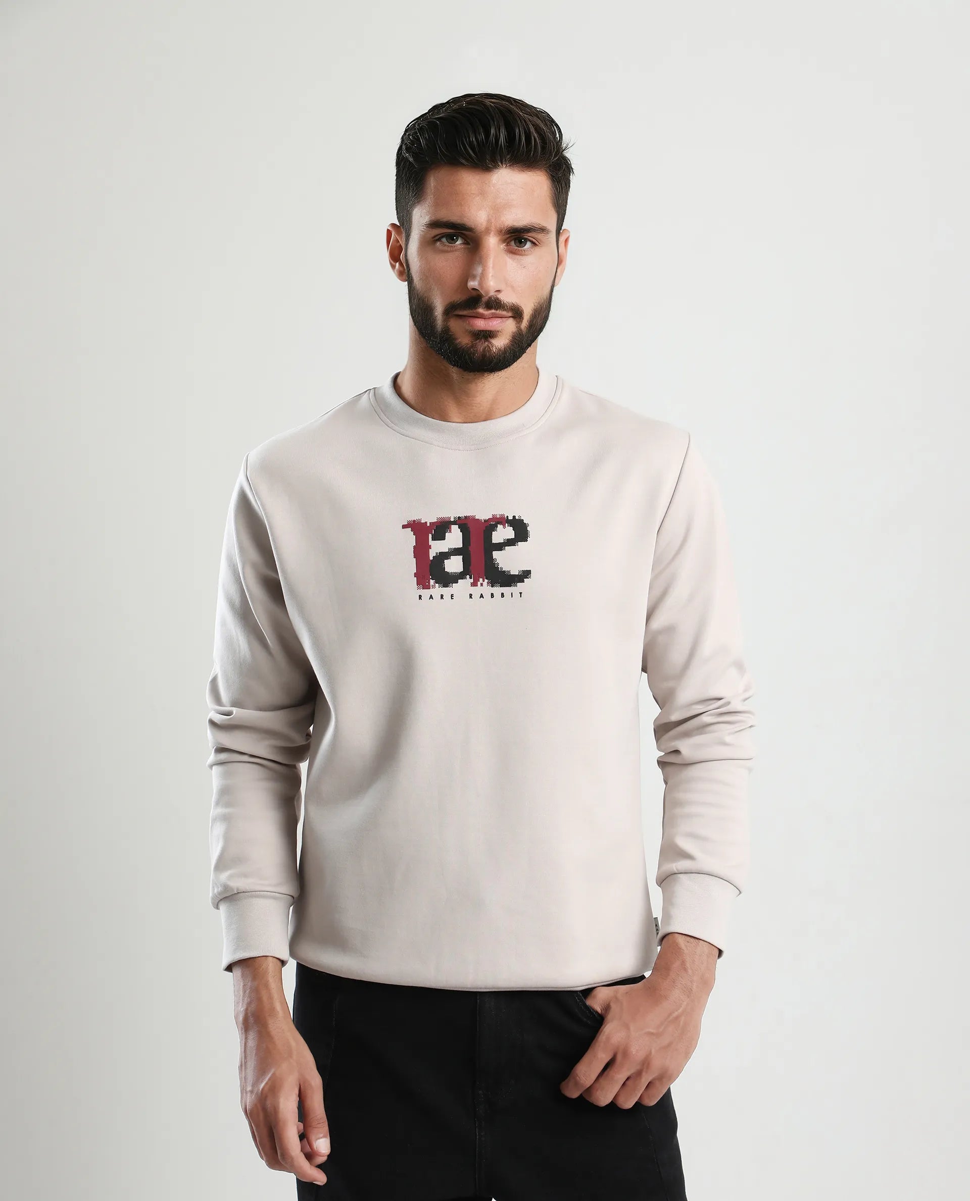 Rare Rabbit Men's Pixen Light Beige Cotton Blend Graphic Print Regular Fit Full Sleeve Crew Neck Sweatshirt