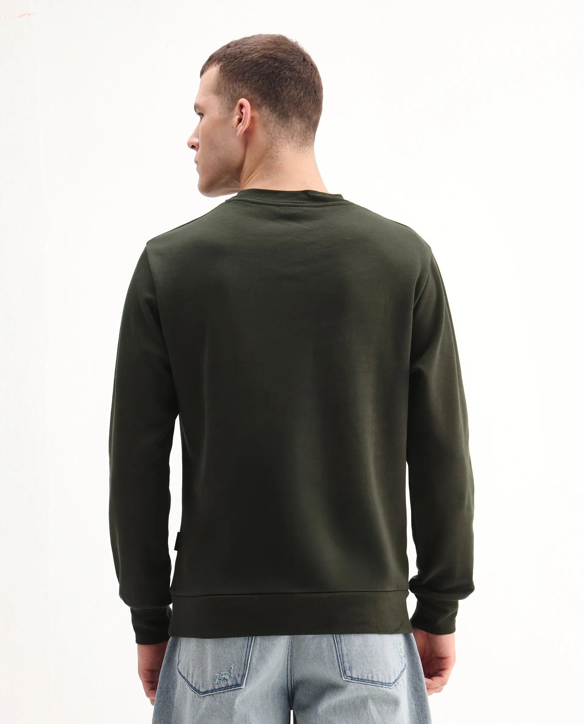 Rare Rabbit Men's Pixen Dark Olive Cotton Blend Graphic Print Regular Fit Full Sleeve Crew Neck Sweatshirt