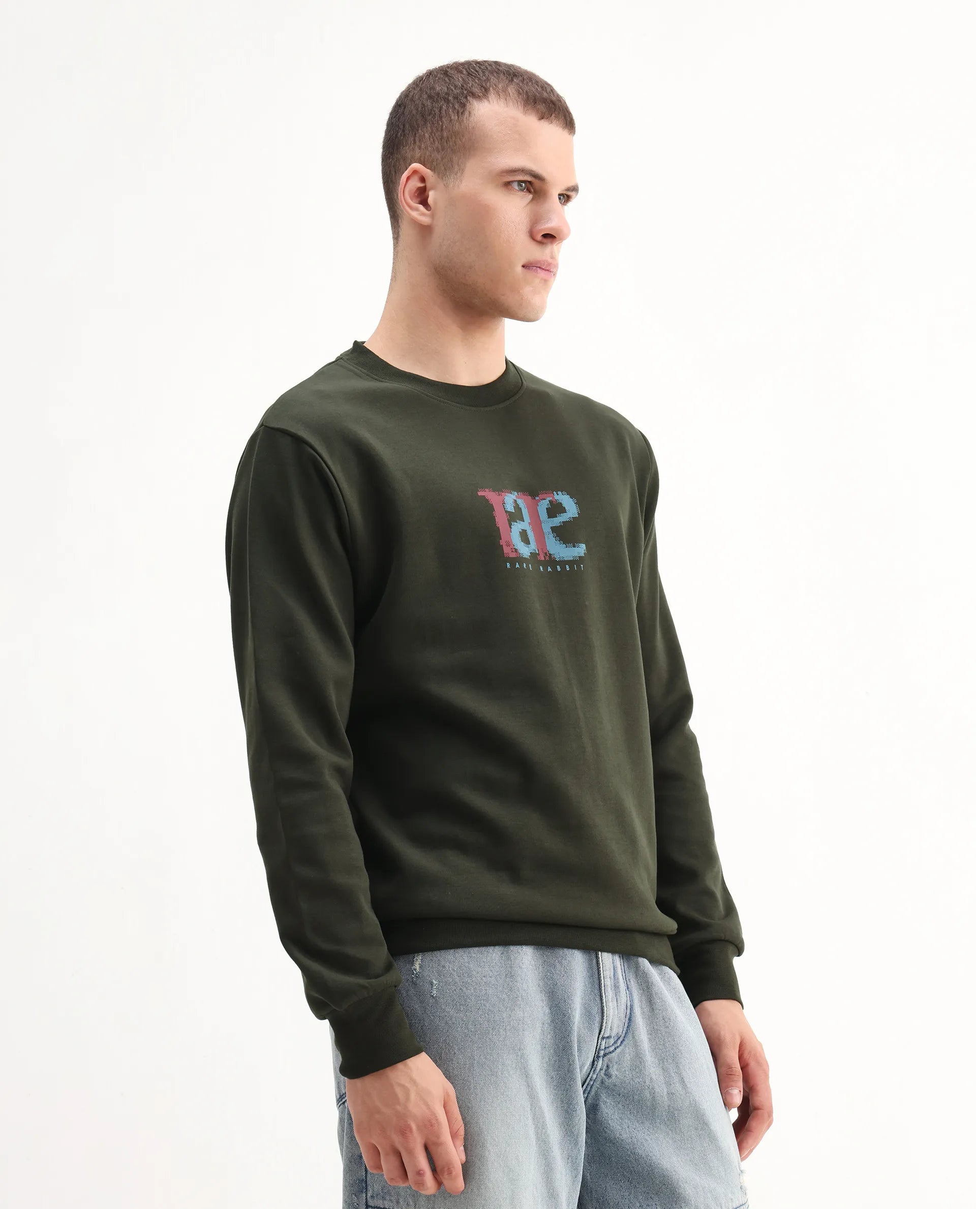 Rare Rabbit Men's Pixen Dark Olive Cotton Blend Graphic Print Regular Fit Full Sleeve Crew Neck Sweatshirt