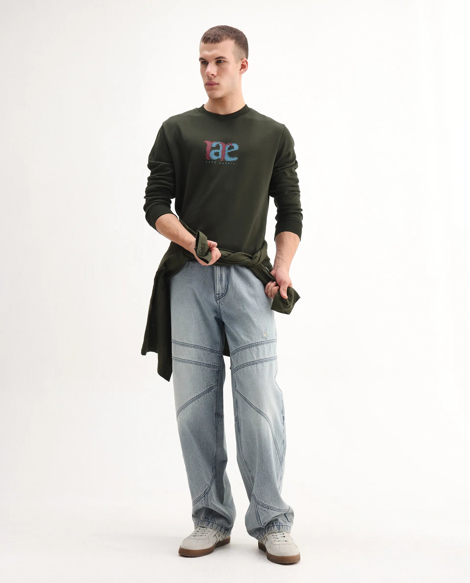 Rare Rabbit Men's Pixen Dark Olive Cotton Blend Graphic Print Regular Fit Full Sleeve Crew Neck Sweatshirt