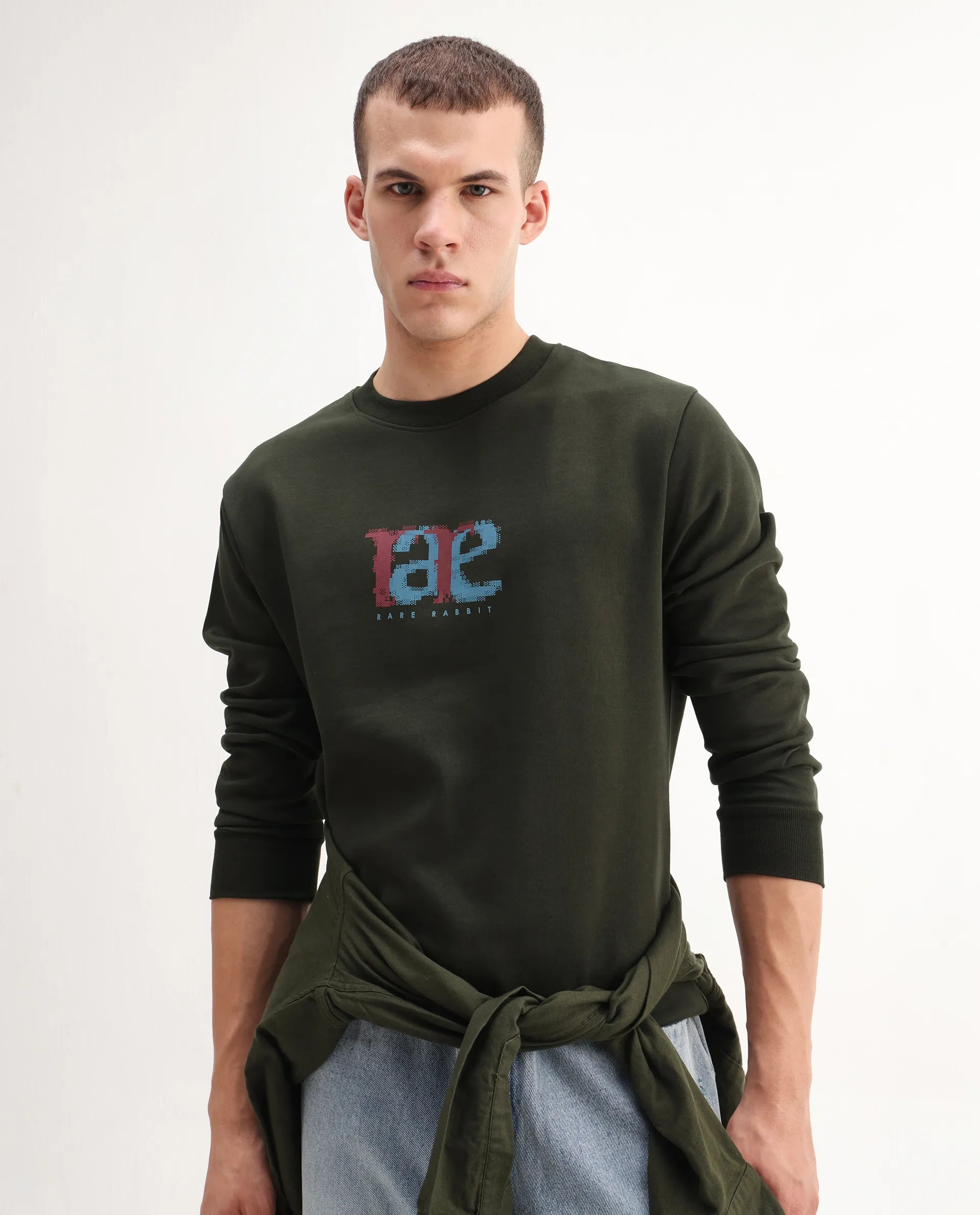 Rare Rabbit Men's Pixen Dark Olive Cotton Blend Graphic Print Regular Fit Full Sleeve Crew Neck Sweatshirt