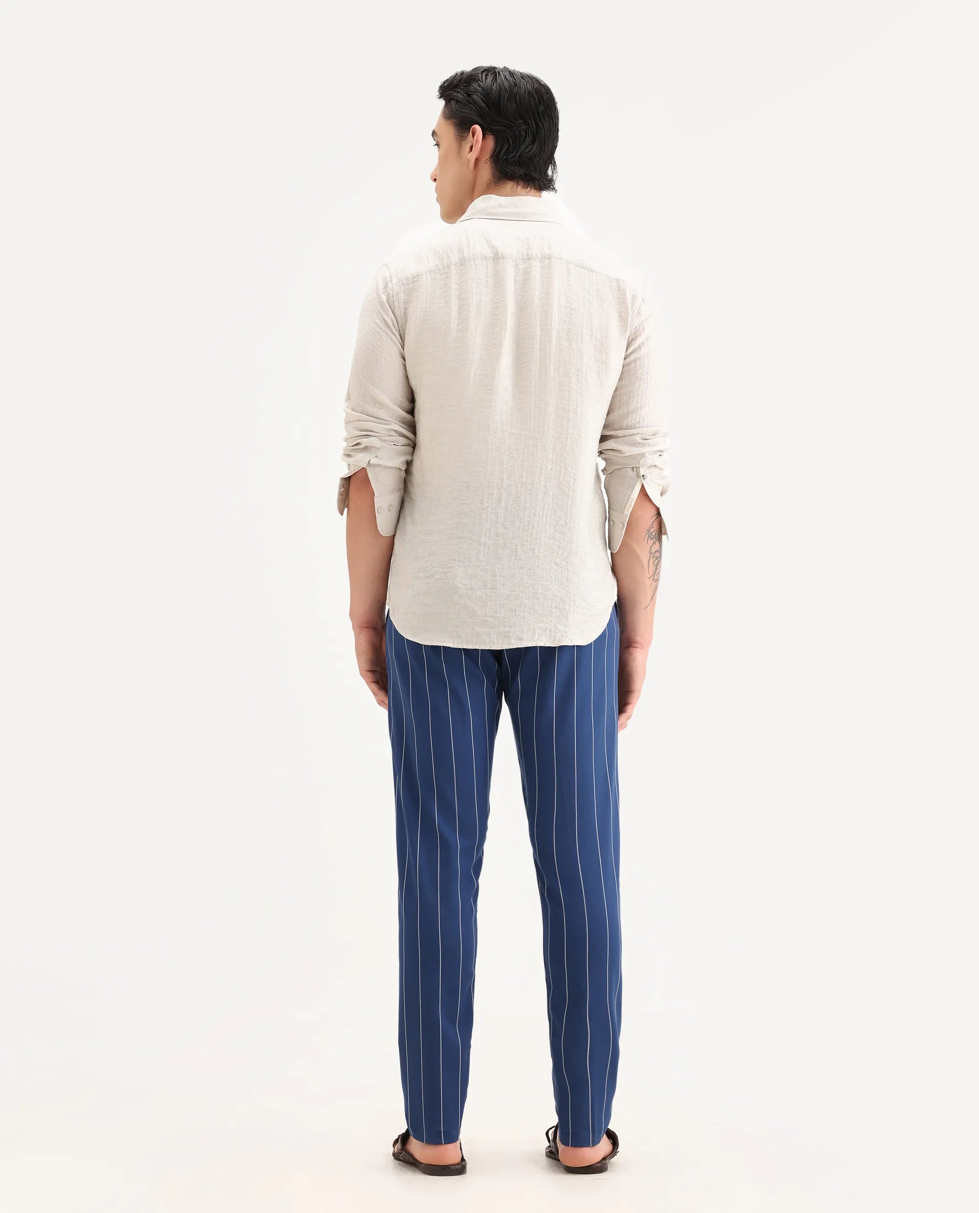 Rare Rabbit Men's Pixie Dark Blue Polyester Striped Print Regular Fit Trouser