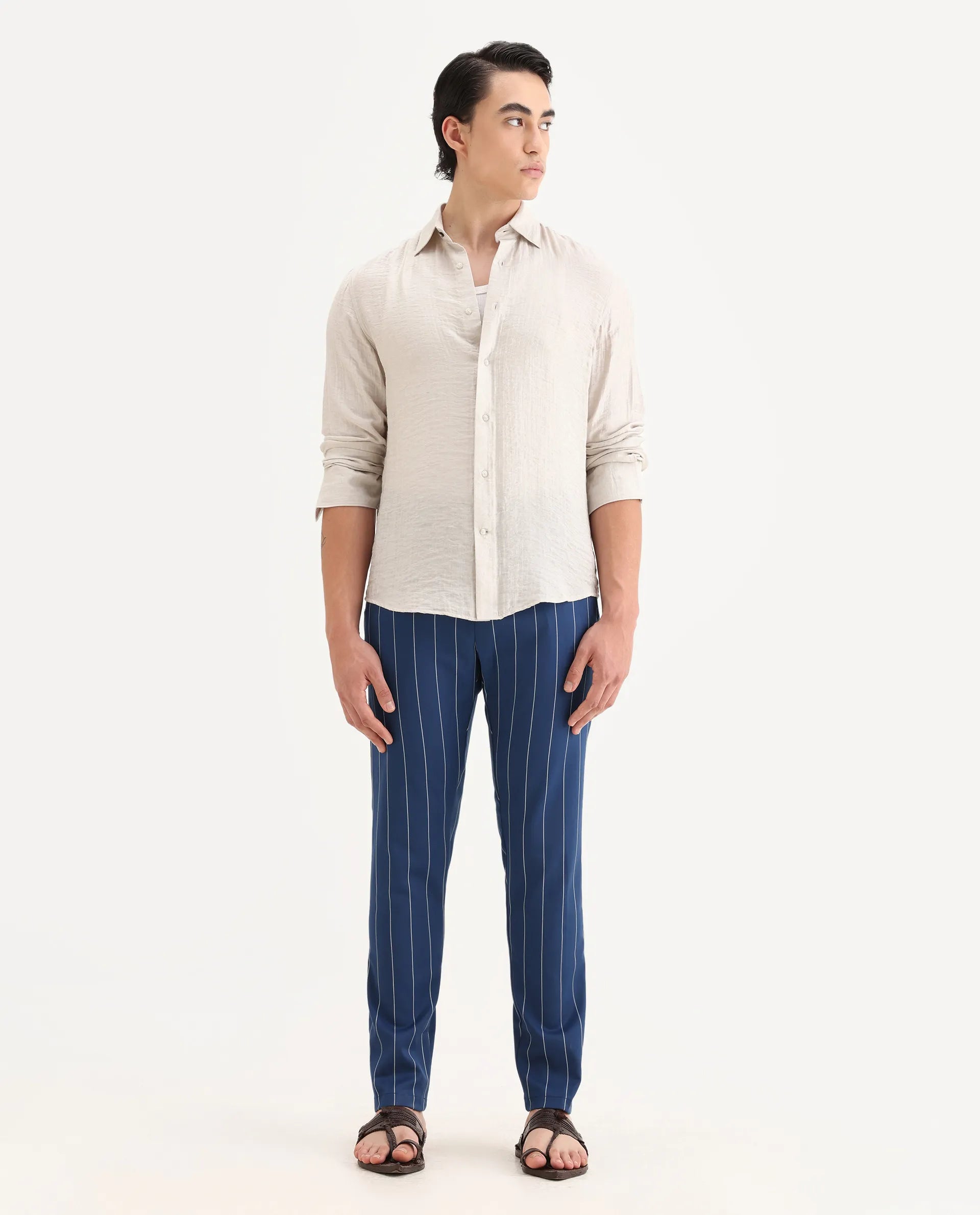 Rare Rabbit Men's Pixie Dark Blue Polyester Striped Print Regular Fit Trouser