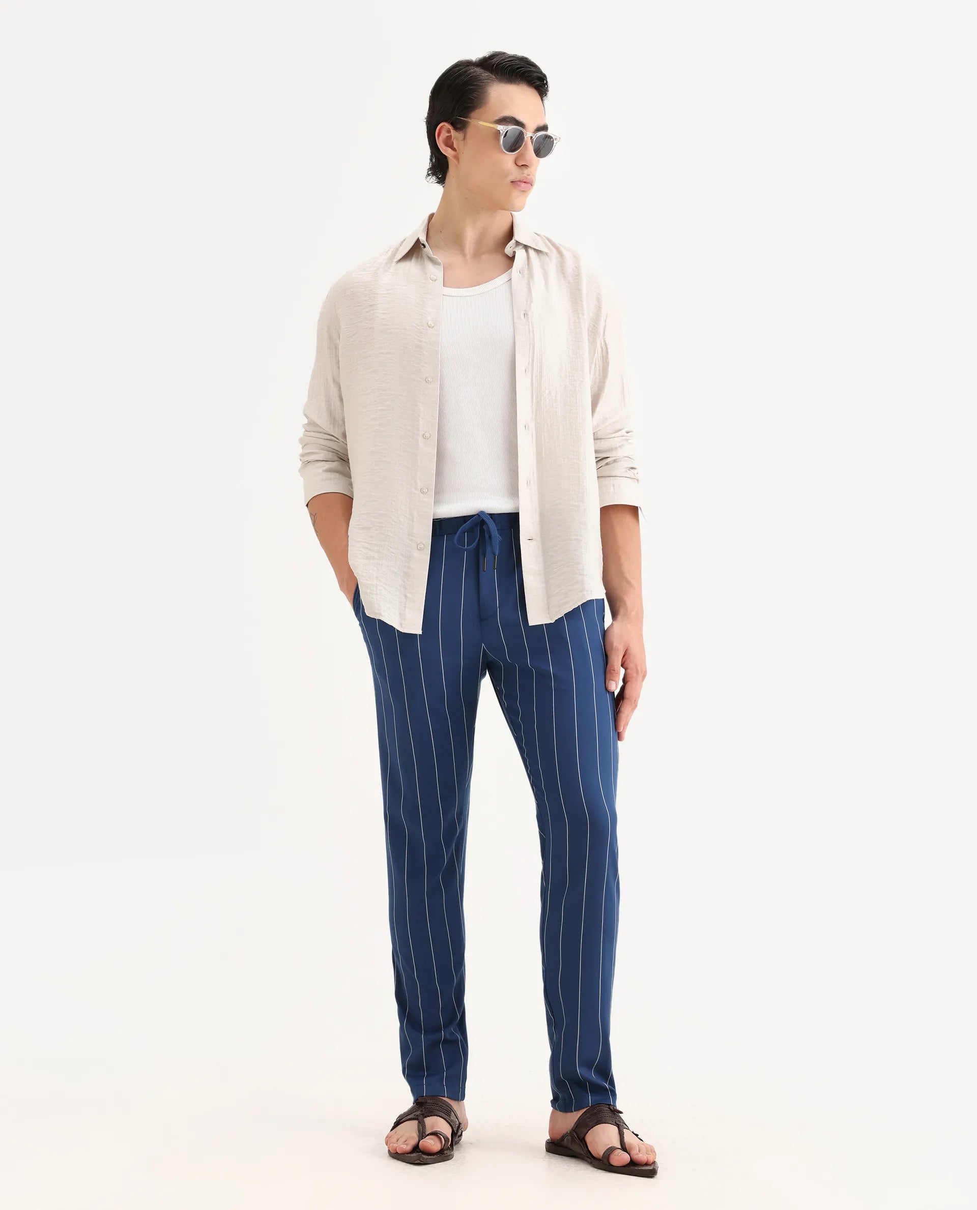 Rare Rabbit Men's Pixie Dark Blue Polyester Striped Print Regular Fit Trouser