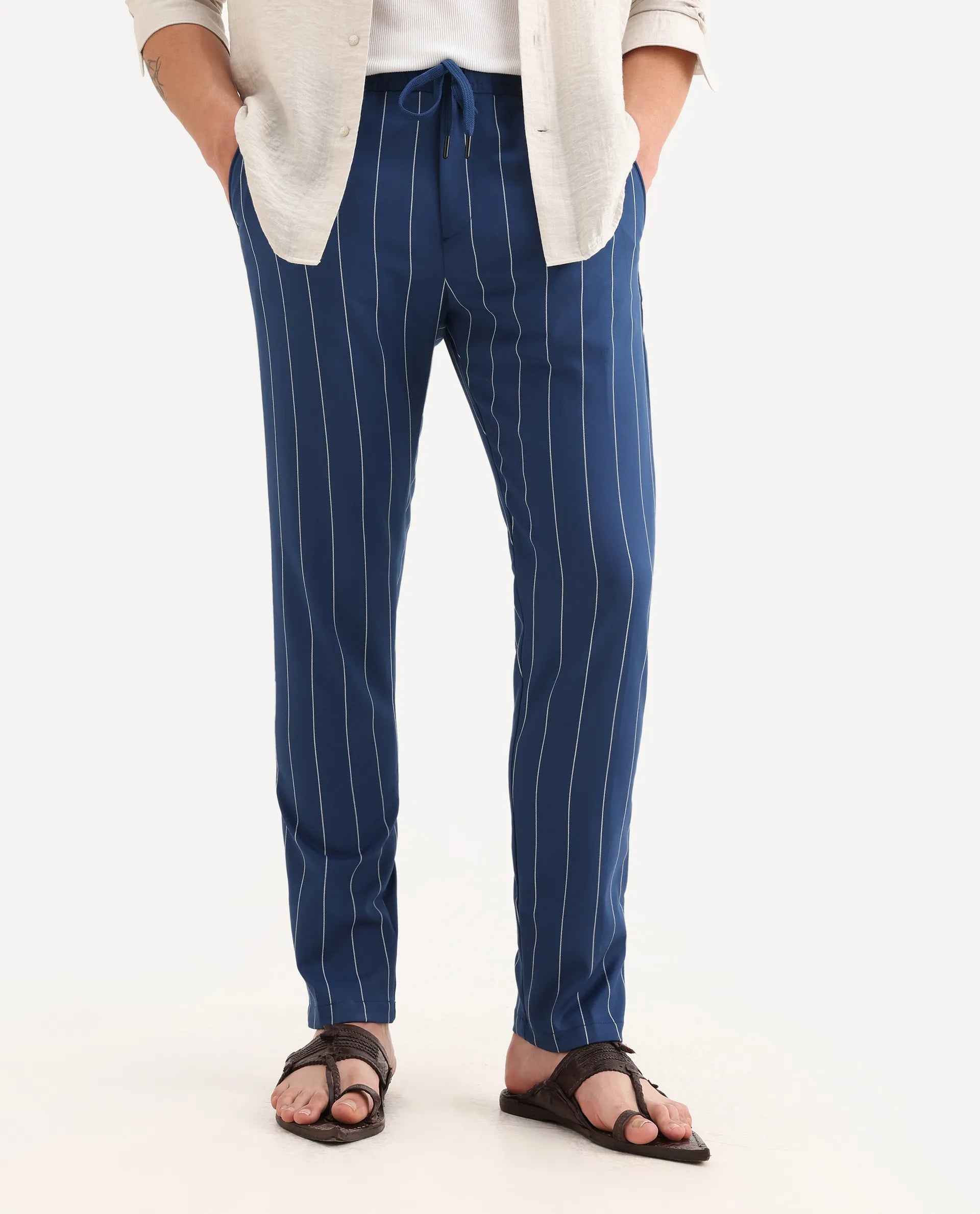 Rare Rabbit Men's Pixie Dark Blue Polyester Striped Print Regular Fit Trouser