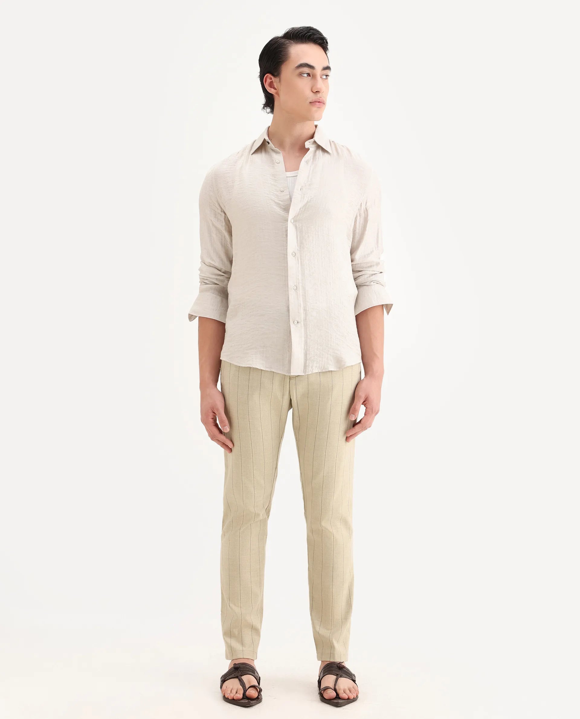 Rare Rabbit Men's Pixie Light Beige Polyester Striped Print Regular Fit Trouser