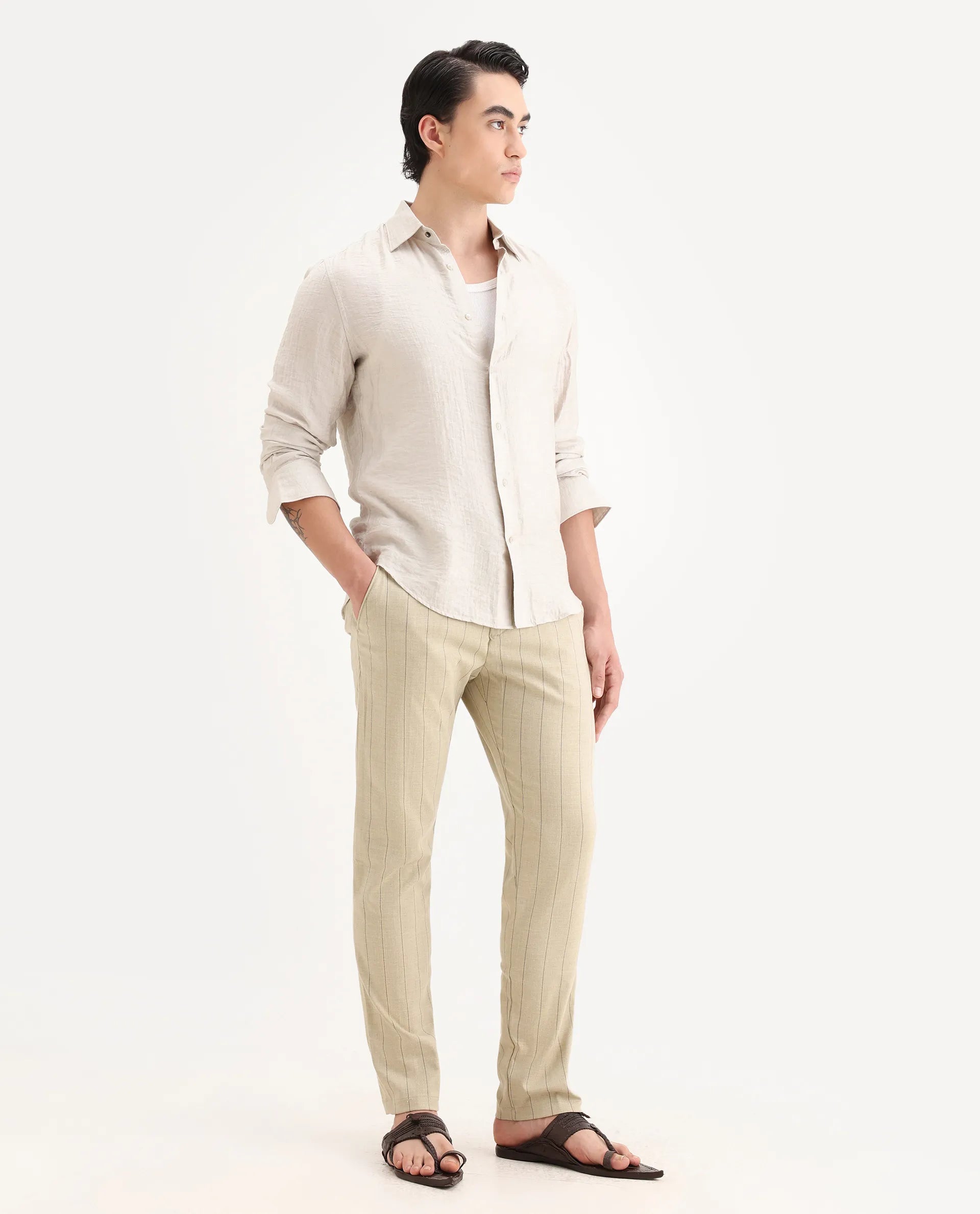 Rare Rabbit Men's Pixie Light Beige Polyester Striped Print Regular Fit Trouser