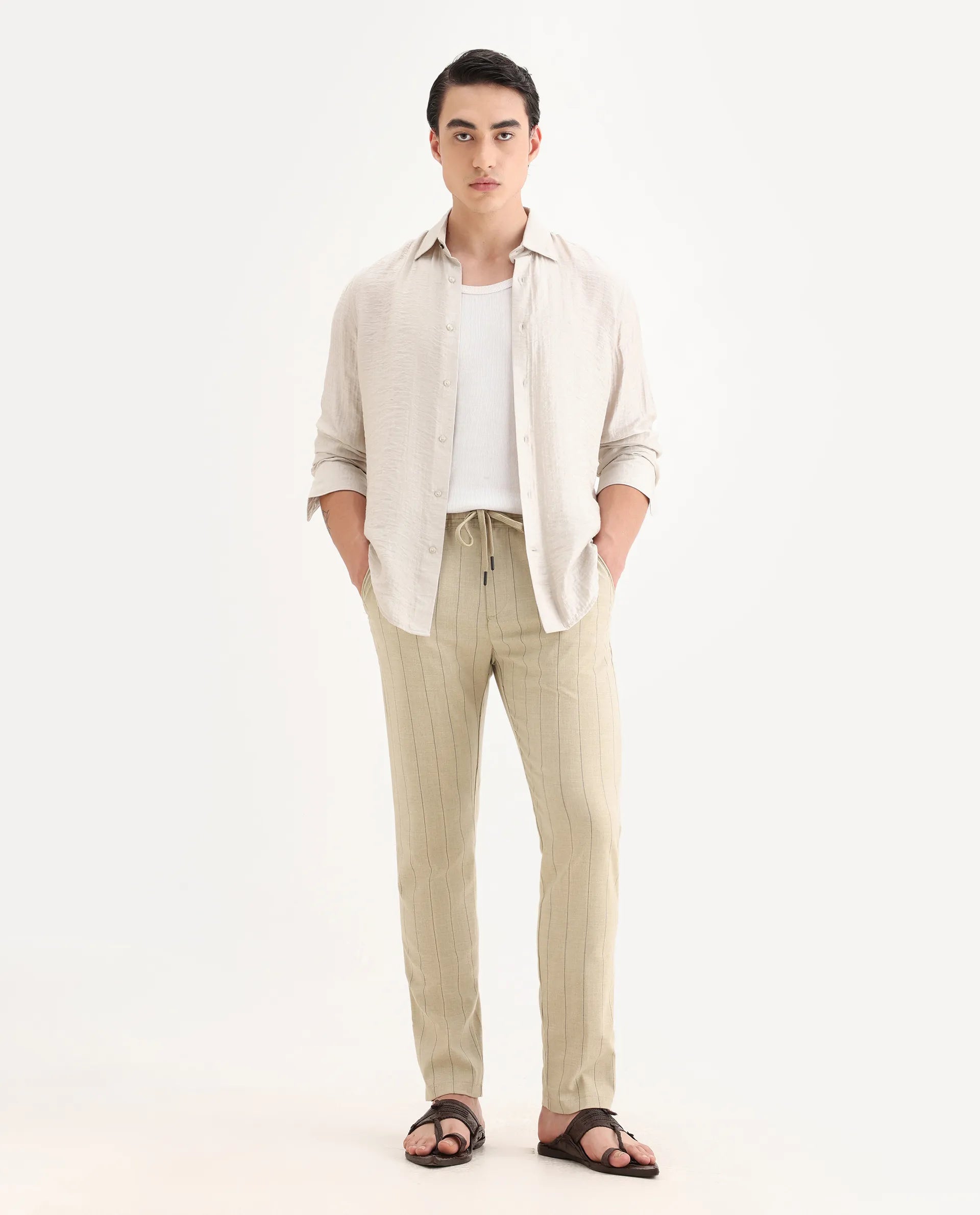 Rare Rabbit Men's Pixie Light Beige Polyester Striped Print Regular Fit Trouser