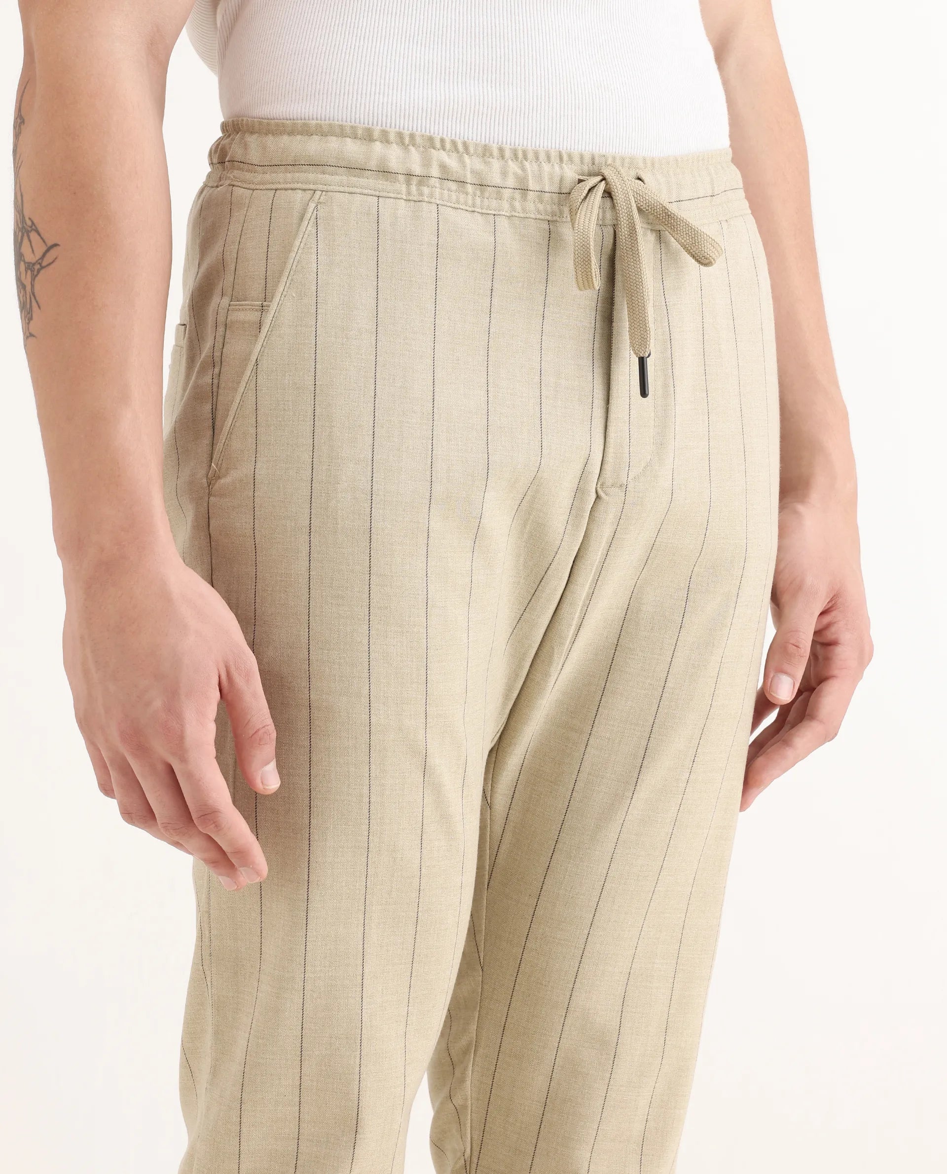 Rare Rabbit Men's Pixie Light Beige Polyester Striped Print Regular Fit Trouser