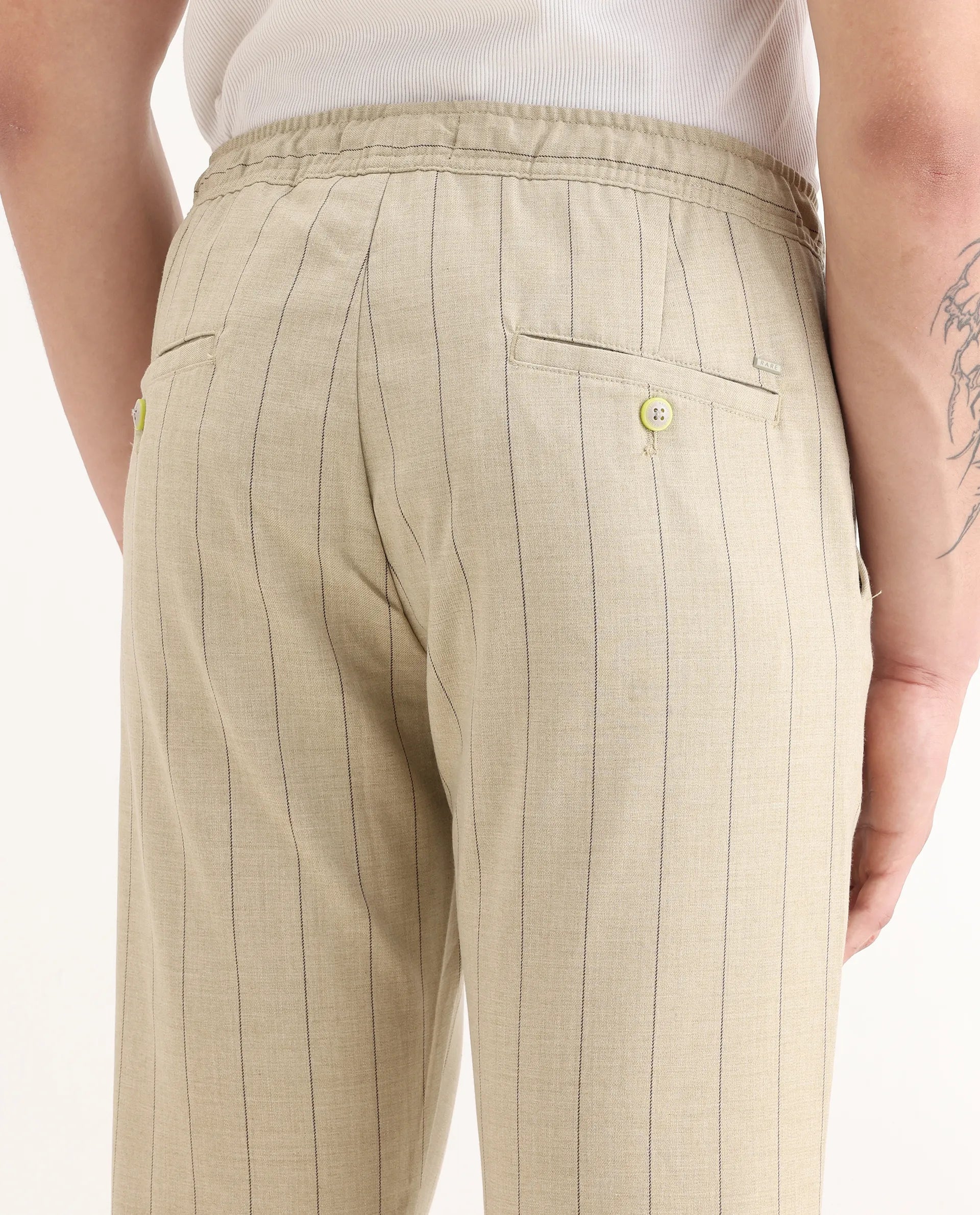 Rare Rabbit Men's Pixie Light Beige Polyester Striped Print Regular Fit Trouser