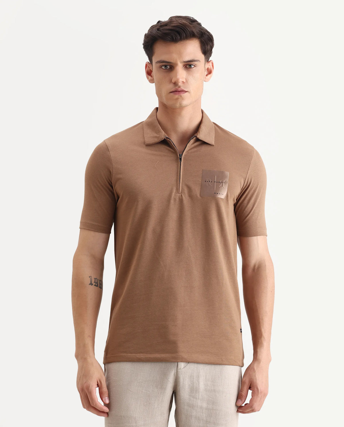Rare Rabbit Men's Plad Beige Cotton Blend Plain Regular Fit Half Sleeve Polo