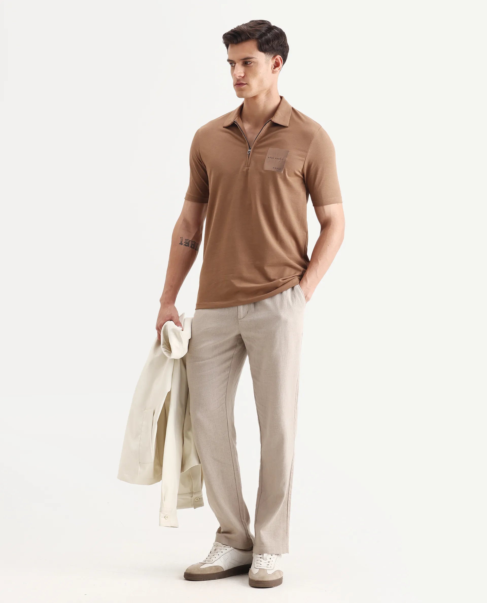 Rare Rabbit Men's Plad Beige Cotton Blend Plain Regular Fit Half Sleeve Polo