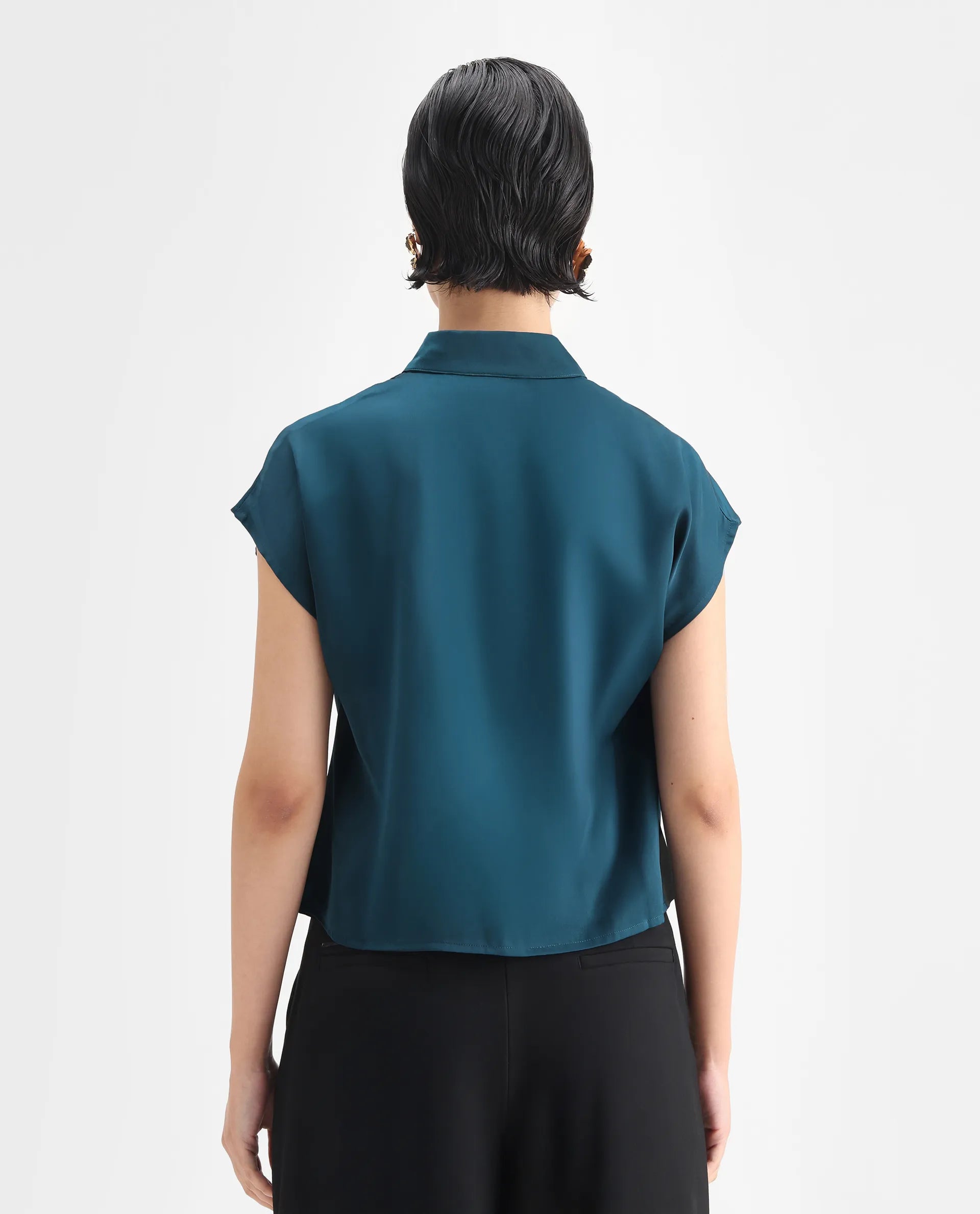 Rareism Women's Plama Petrol Satin Mandarin Collar Plain Extended Sleeves Regular Fit Top