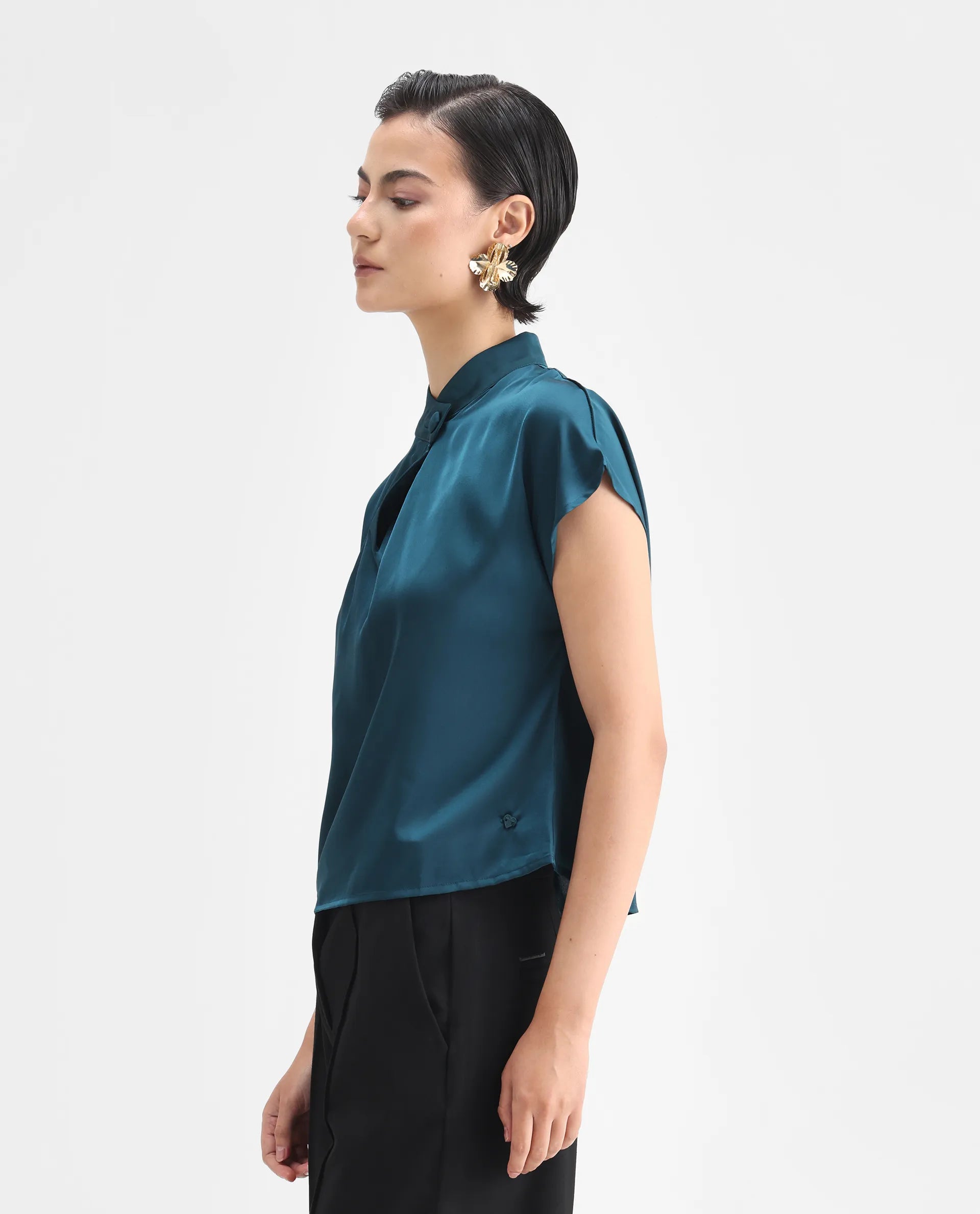 Rareism Women's Plama Petrol Satin Mandarin Collar Plain Extended Sleeves Regular Fit Top