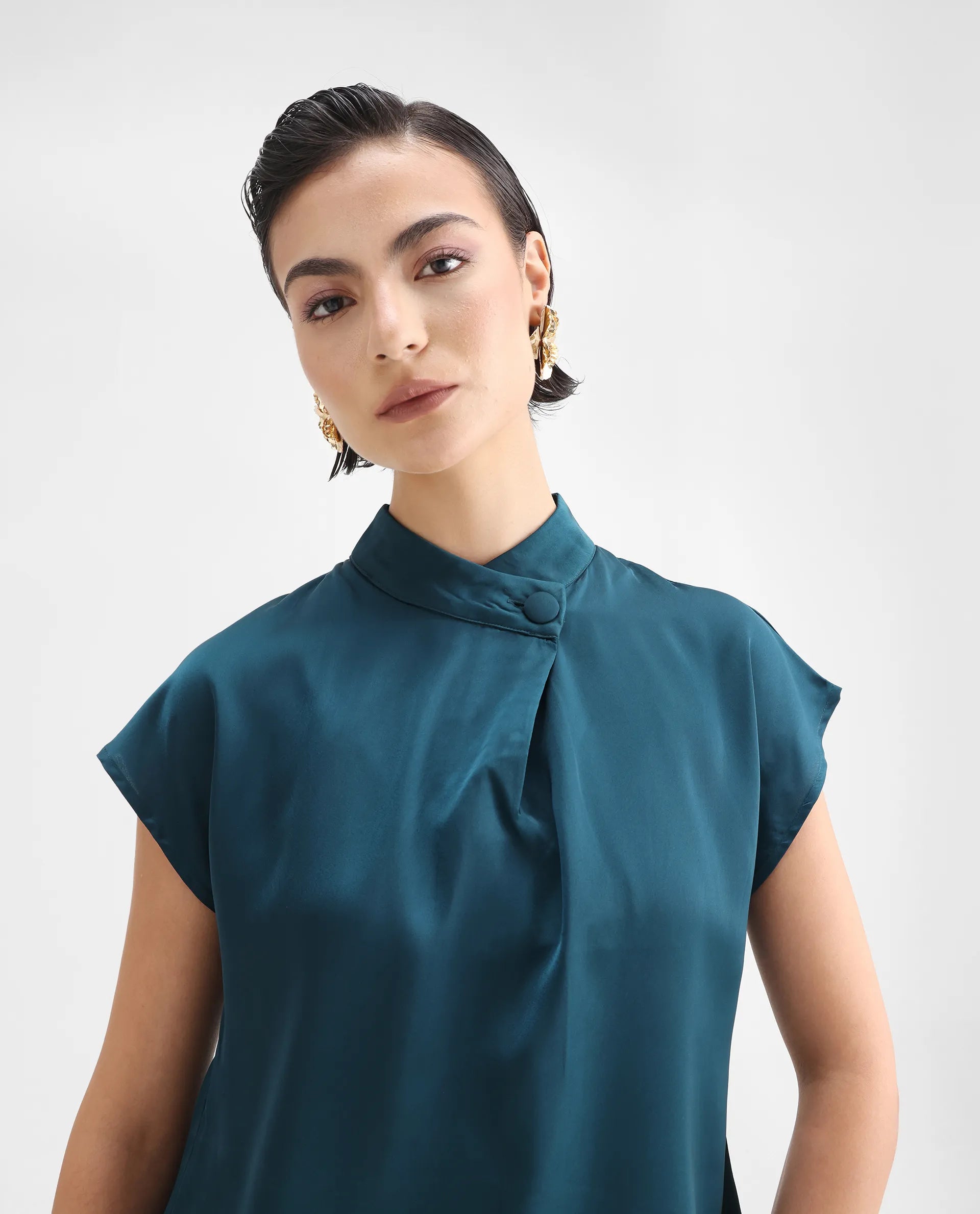 Rareism Women's Plama Petrol Satin Mandarin Collar Plain Extended Sleeves Regular Fit Top