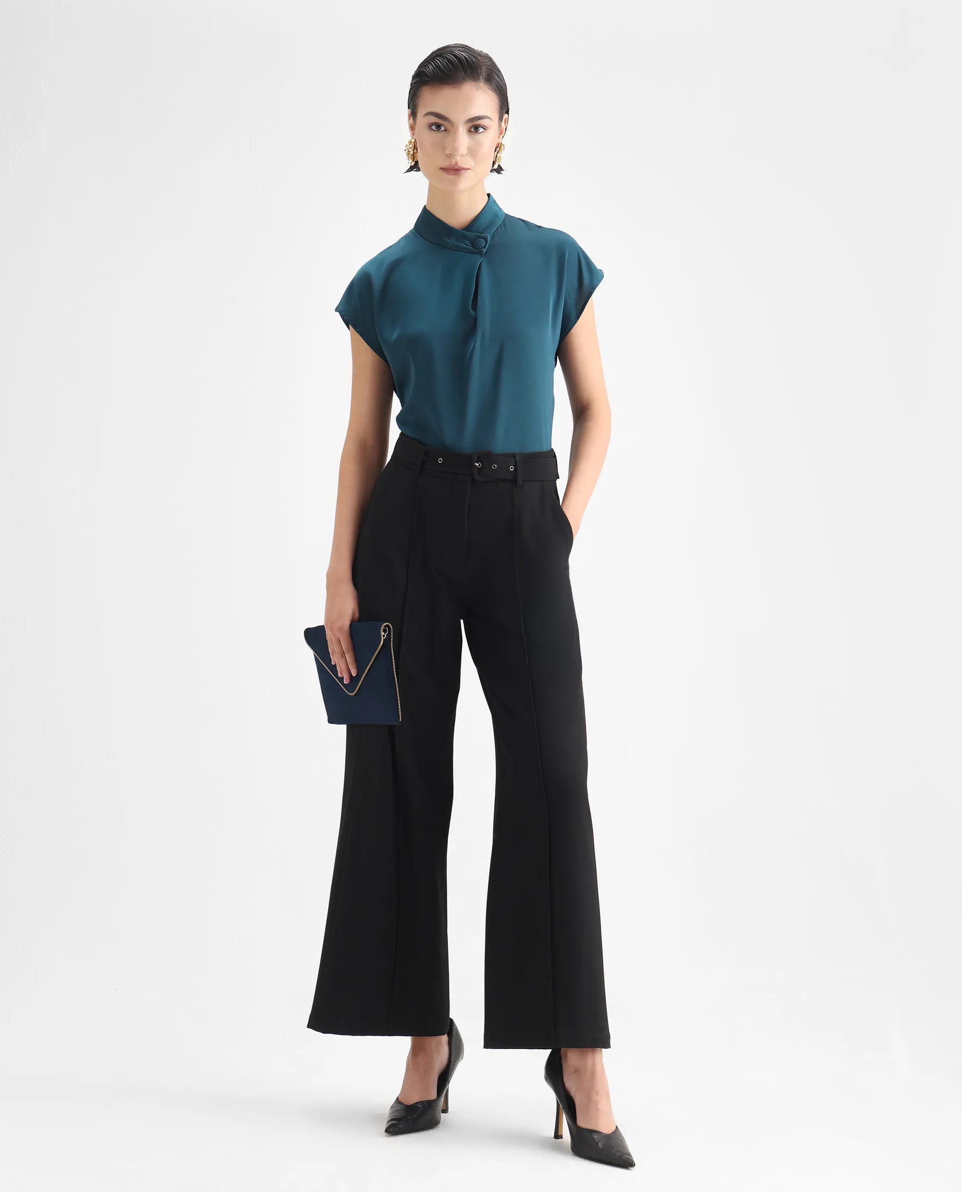 Rareism Women's Plama Petrol Satin Mandarin Collar Plain Extended Sleeves Regular Fit Top