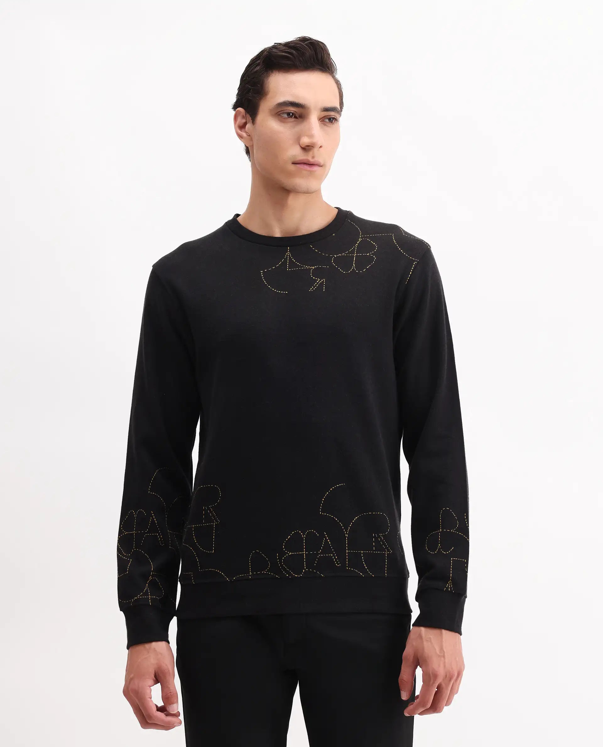 Rare Rabbit Men's Planes Black Cotton Embroidered Relaxed Fit Full Sleeve Crew Neck Sweatshirt