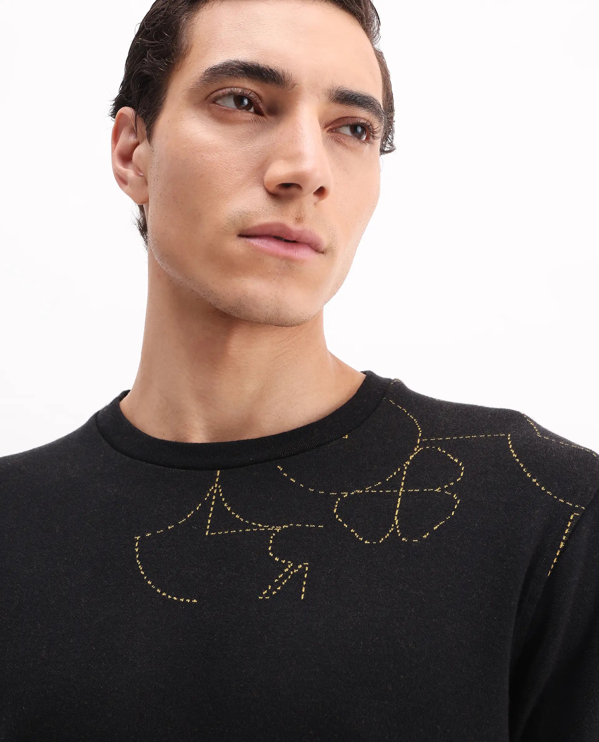 Rare Rabbit Men's Planes Black Cotton Embroidered Relaxed Fit Full Sleeve Crew Neck Sweatshirt