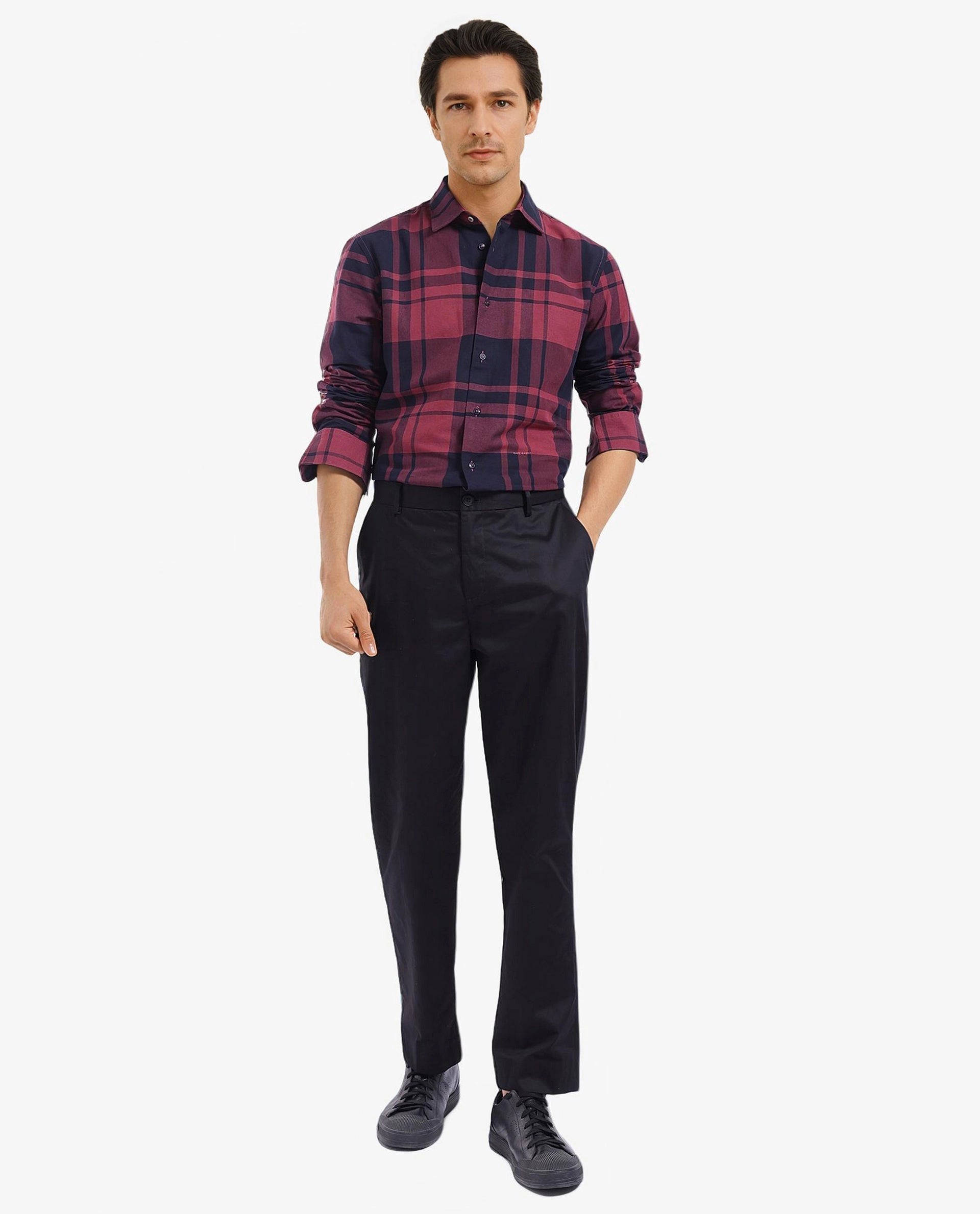 Rare Rabbit Men Planos Maroon Cotton Fabric Full Sleeve Regular Fit Checks Shirt