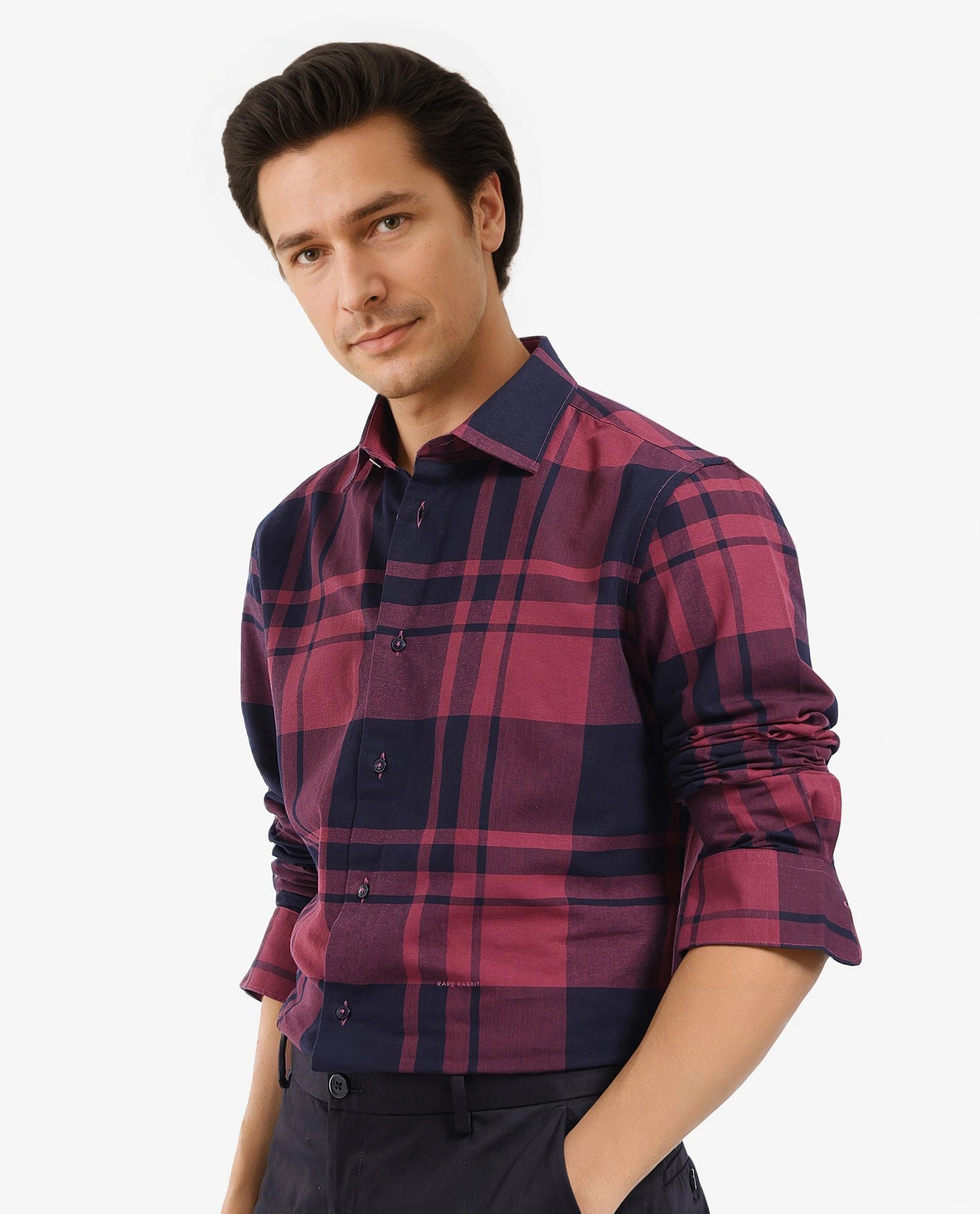 Rare Rabbit Men Planos Maroon Cotton Fabric Full Sleeve Regular Fit Checks Shirt