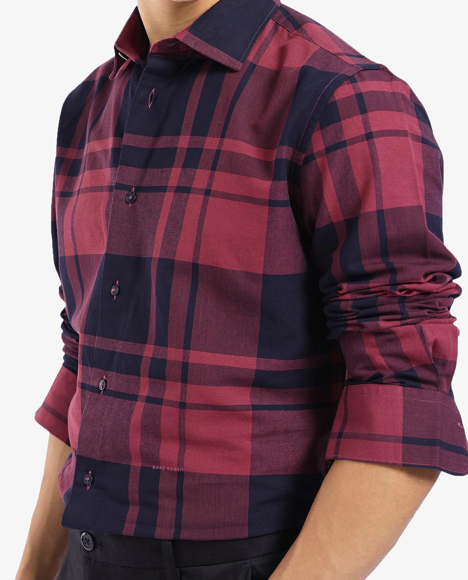 Rare Rabbit Men Planos Maroon Cotton Fabric Full Sleeve Regular Fit Checks Shirt