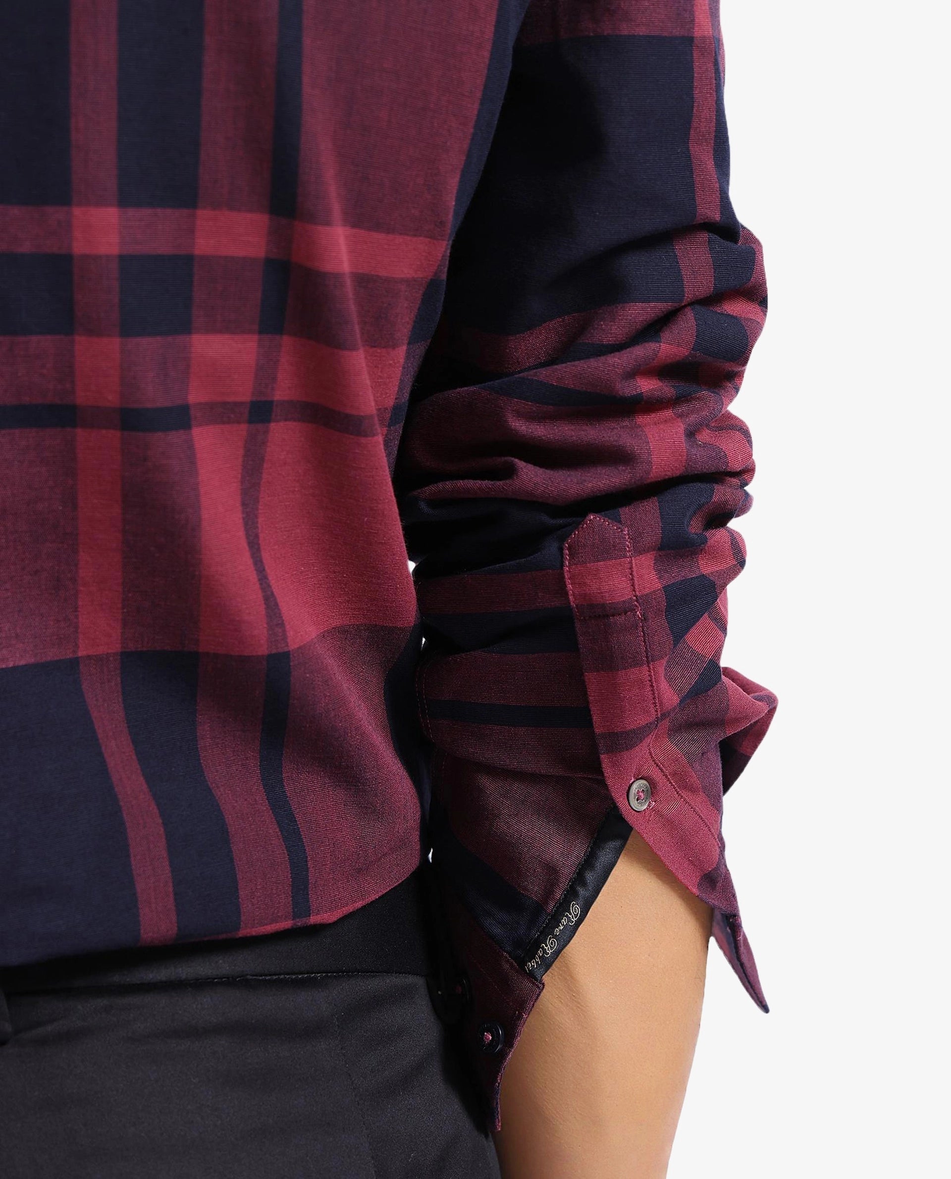 Rare Rabbit Men Planos Maroon Cotton Fabric Full Sleeve Regular Fit Checks Shirt