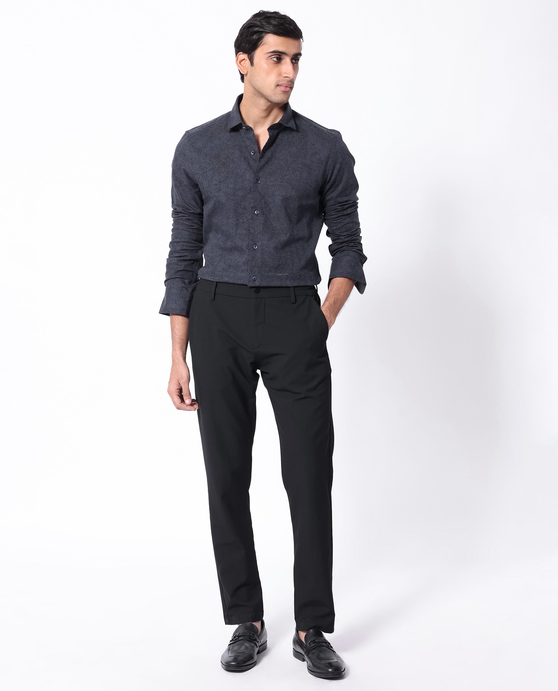 Rare Rabbit Men's Platim Navy Herringbone Fabric Full Sleeves Paisley Print Shirt