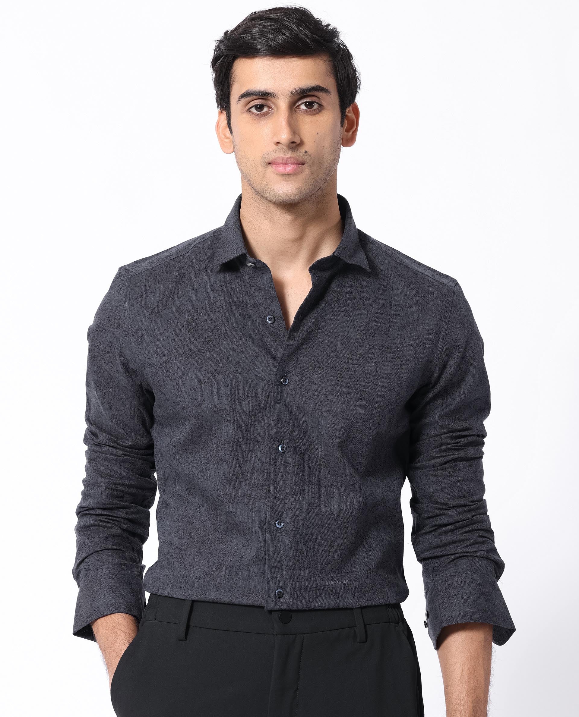 Rare Rabbit Men's Platim Navy Herringbone Fabric Full Sleeves Paisley Print Shirt