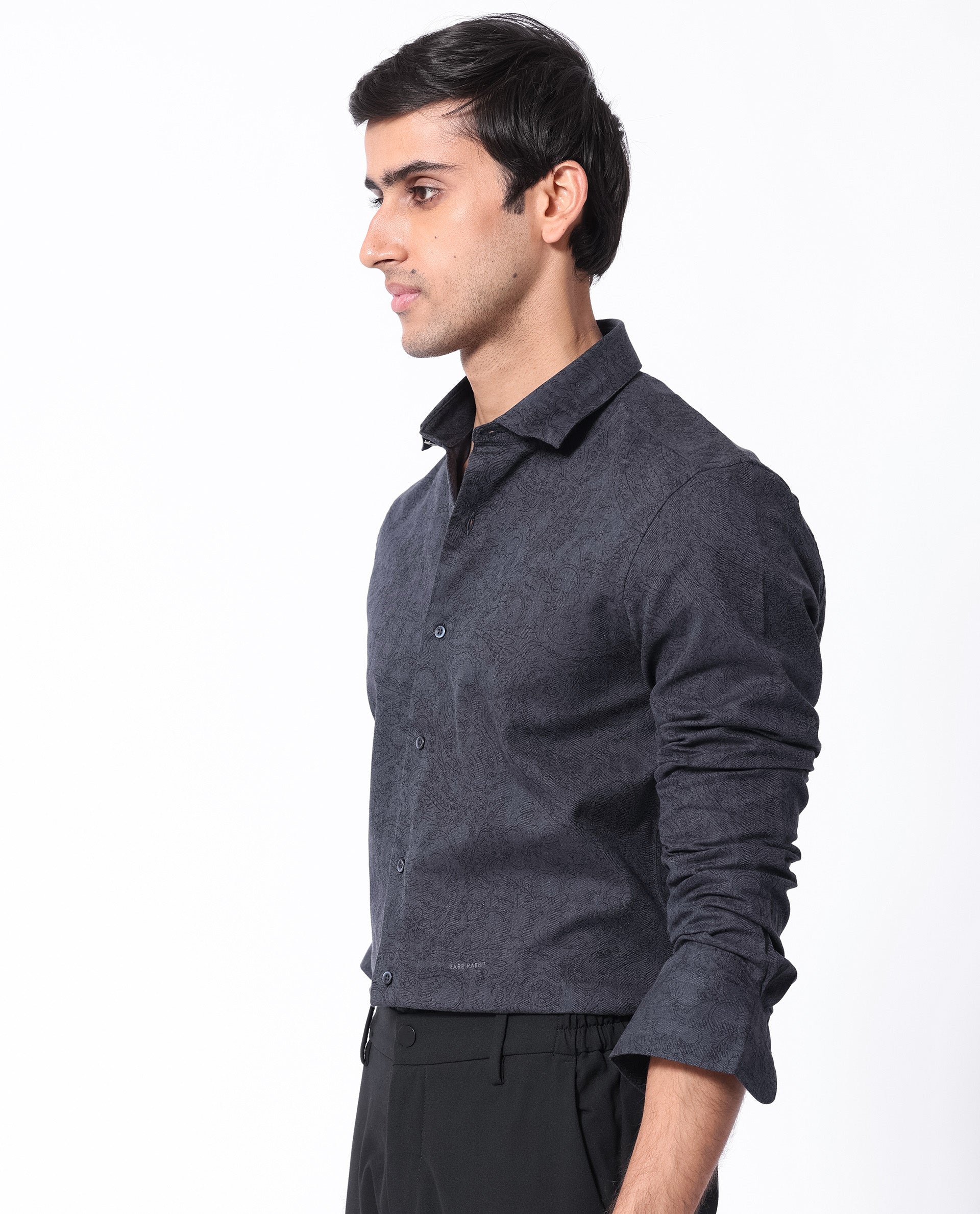 Rare Rabbit Men's Platim Navy Herringbone Fabric Full Sleeves Paisley Print Shirt