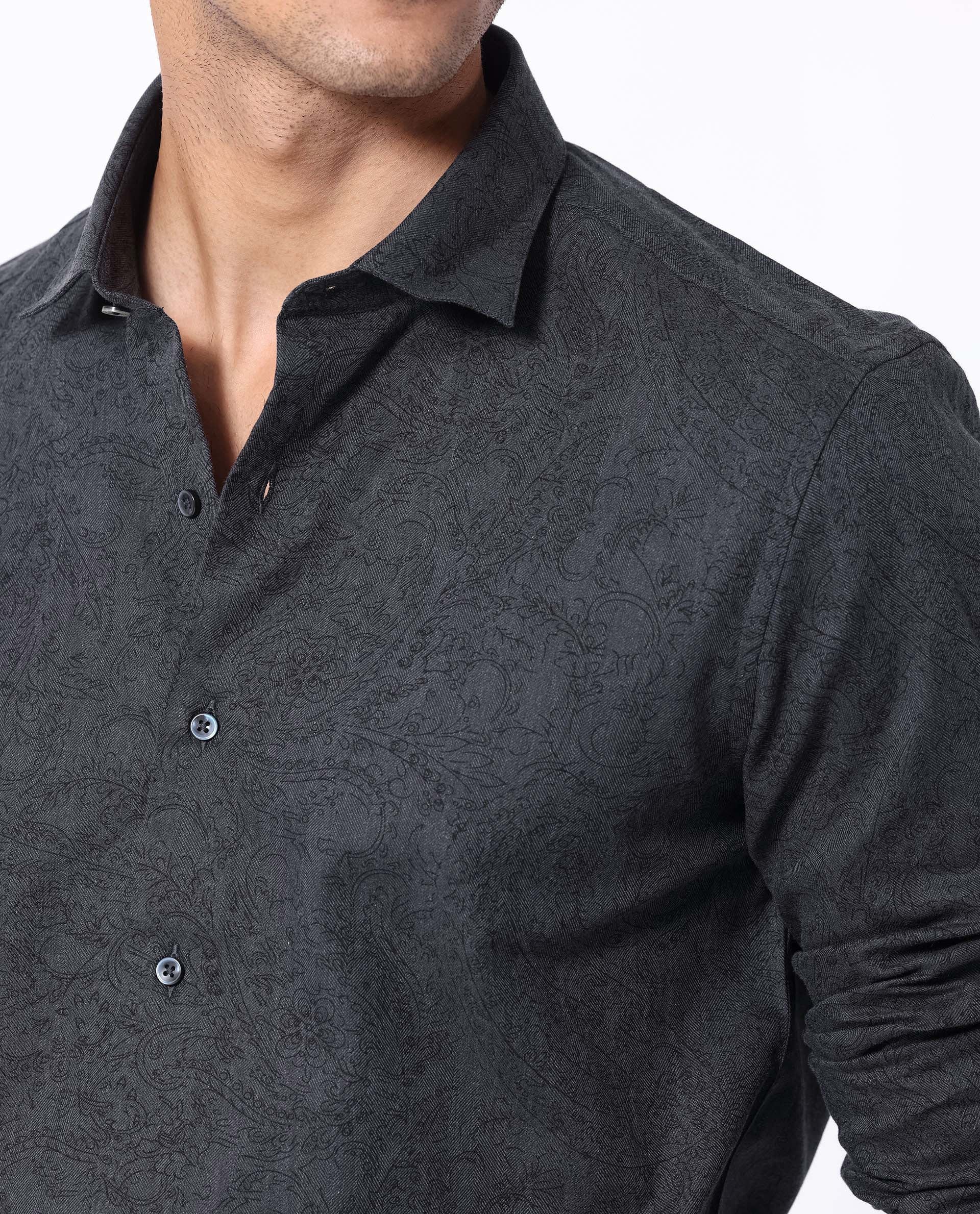 Rare Rabbit Men's Platim Navy Herringbone Fabric Full Sleeves Paisley Print Shirt