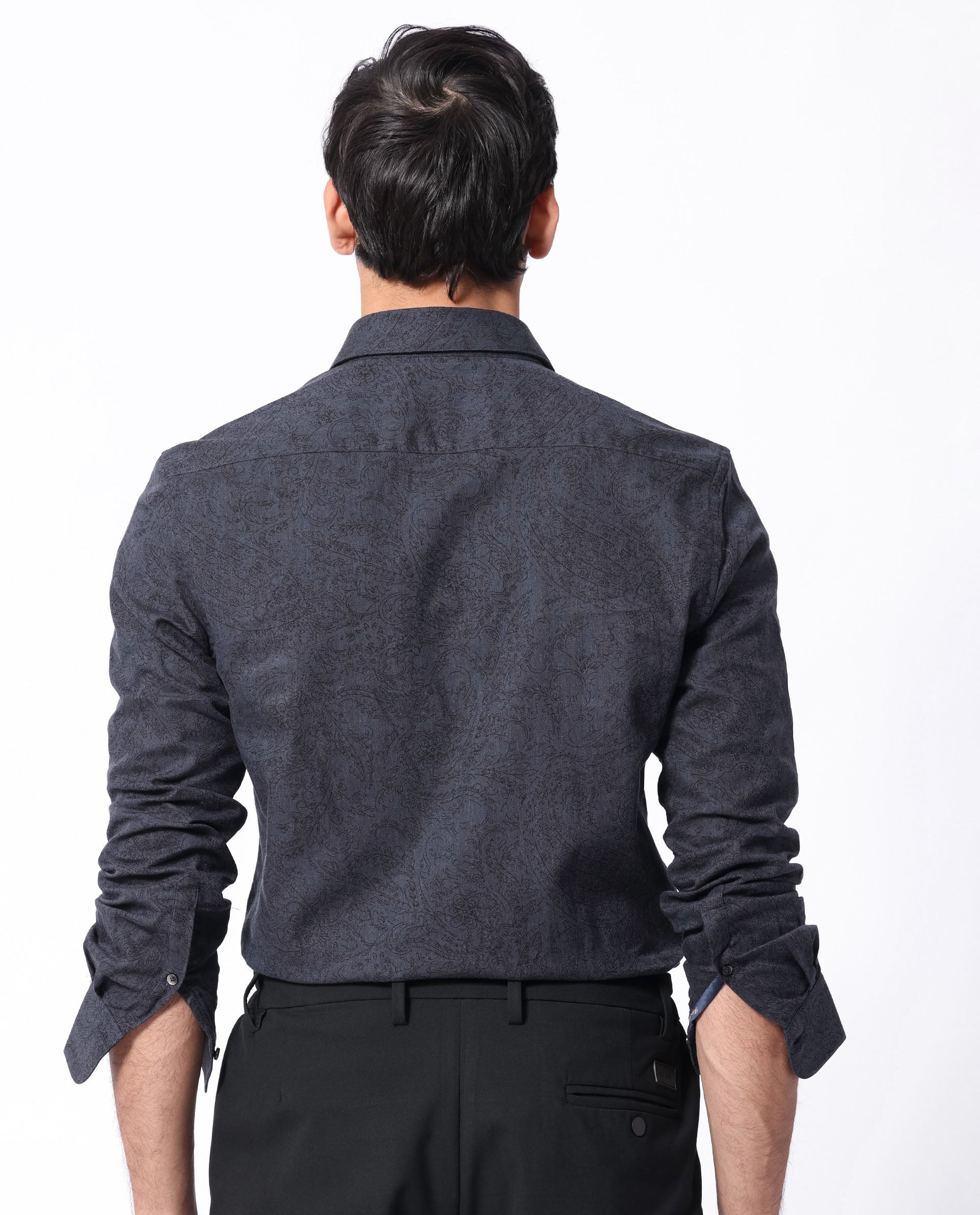 Rare Rabbit Men's Platim Navy Herringbone Fabric Full Sleeves Paisley Print Shirt