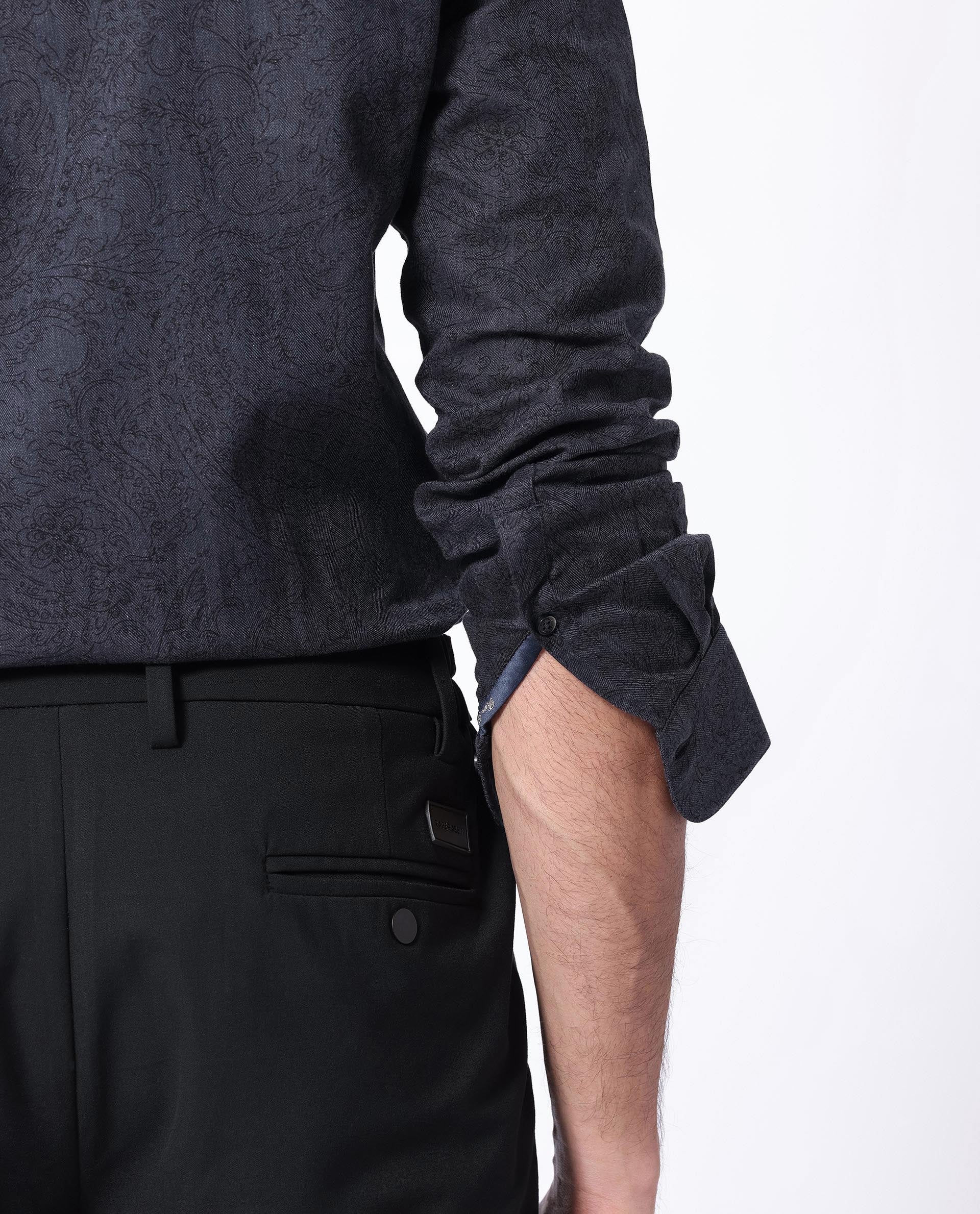 Rare Rabbit Men's Platim Navy Herringbone Fabric Full Sleeves Paisley Print Shirt