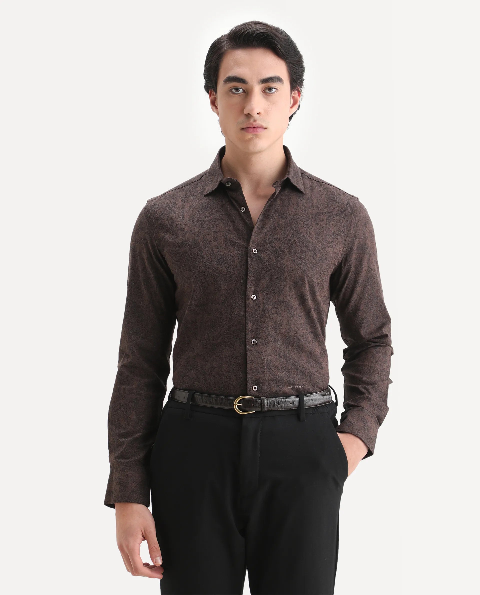 Rare Rabbit Men's Platim Rust Cotton Paisley Print Regular Fit Full Sleeve Collared Shirt