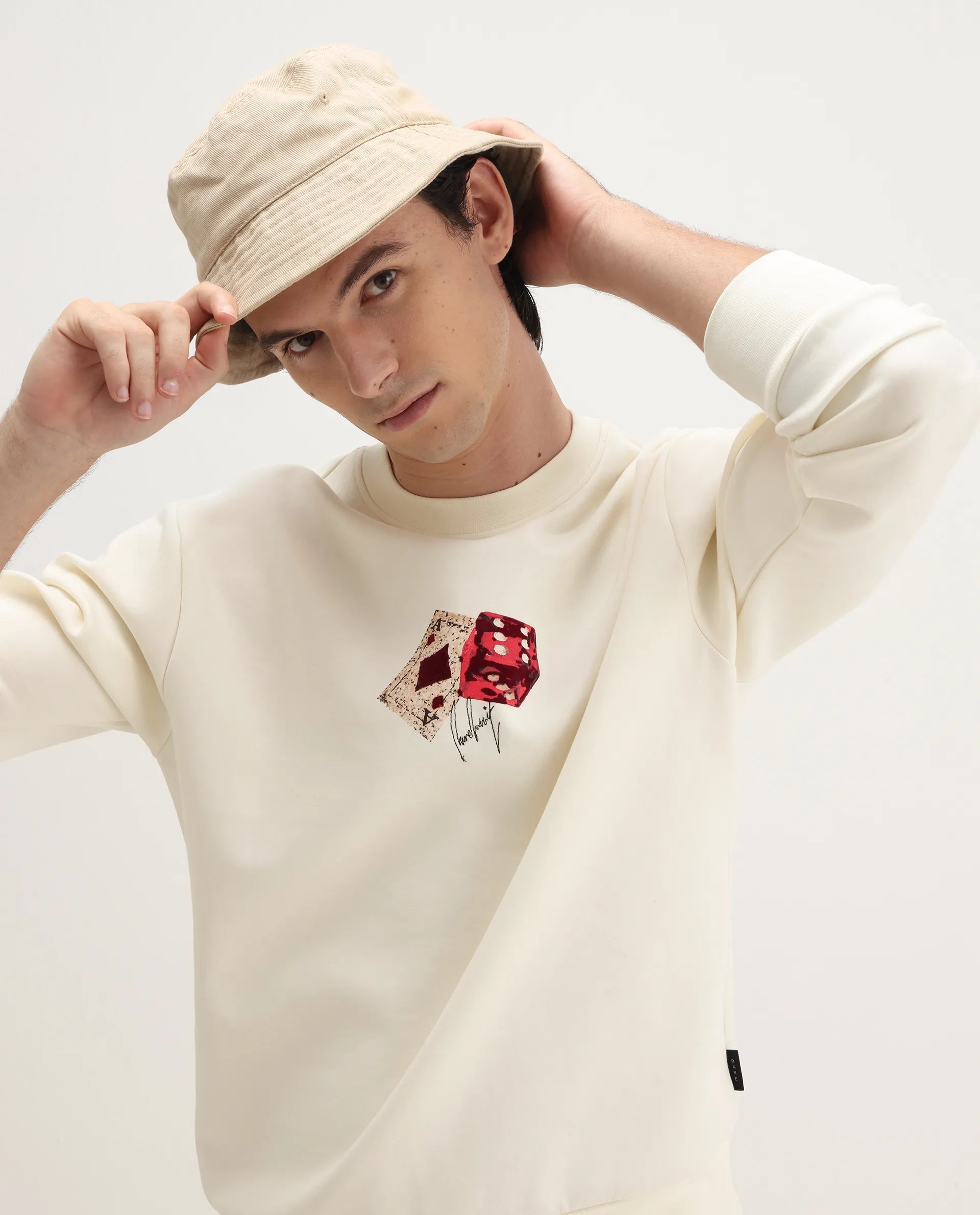 Rare Rabbit Men's Plex Off White Cotton Blend Graphic Print Relaxed Fit Full Sleeve Crew Neck Sweatshirt