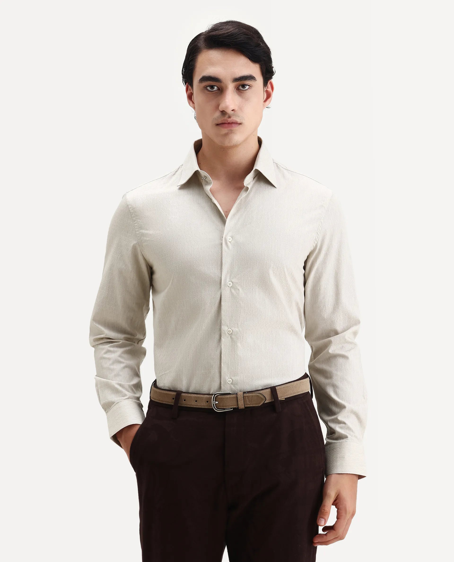 Rare Rabbit Men's Plib Beige Cotton Jacquard Regular Fit Full Sleeve Collared Shirt